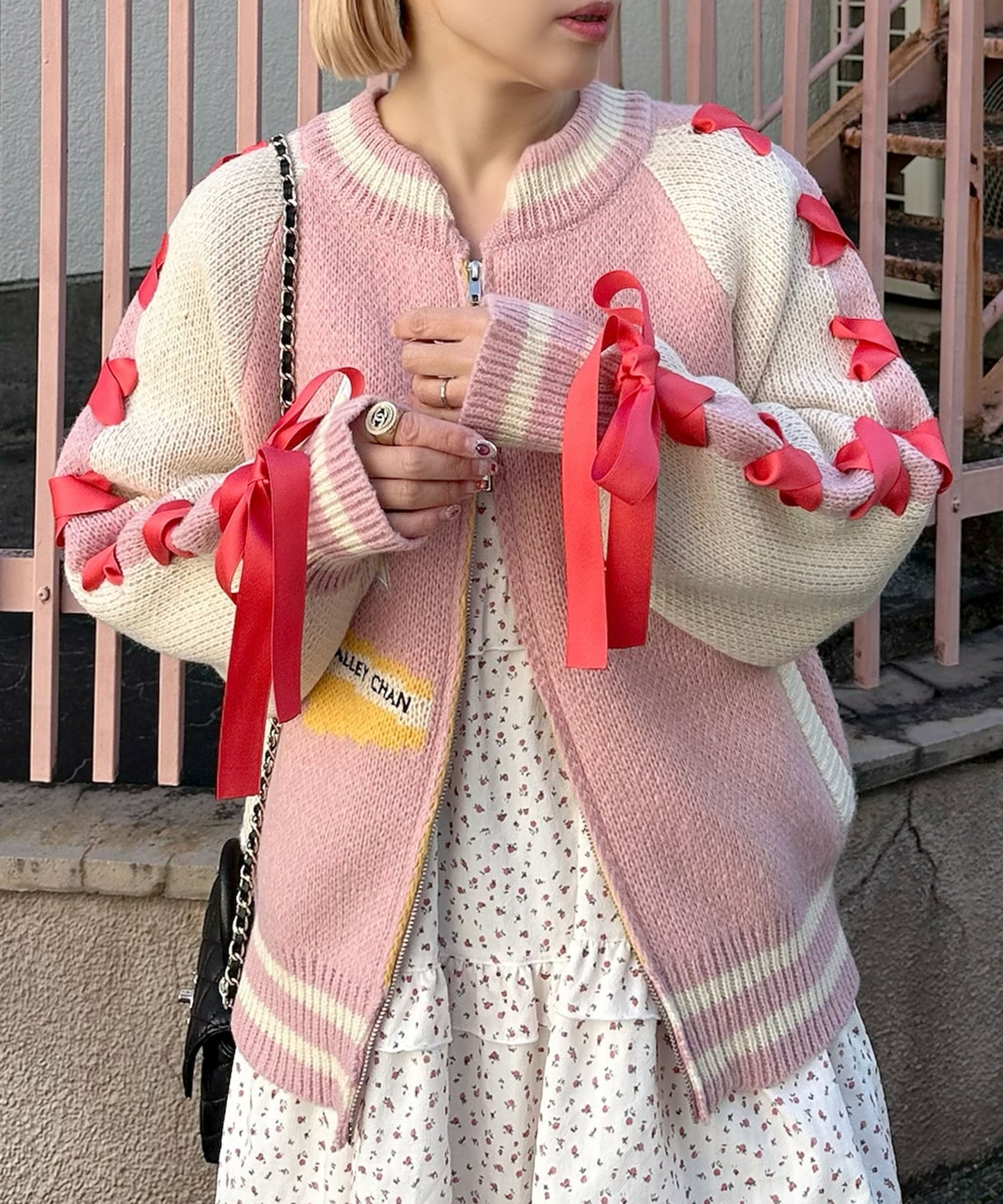 袖リボンALLEYニットスタジャン【ピンク】