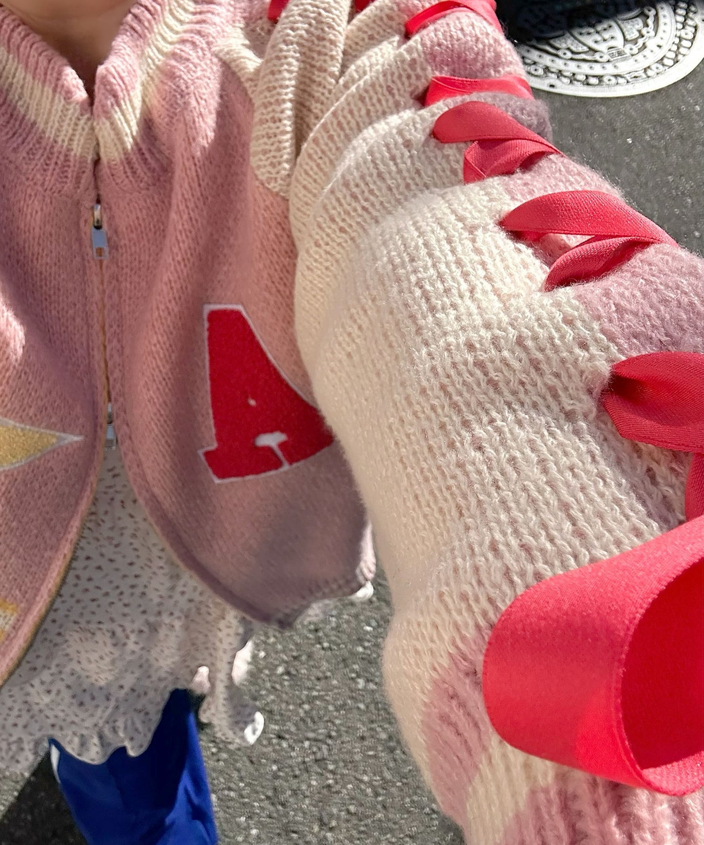 袖リボンALLEYニットスタジャン【ピンク】