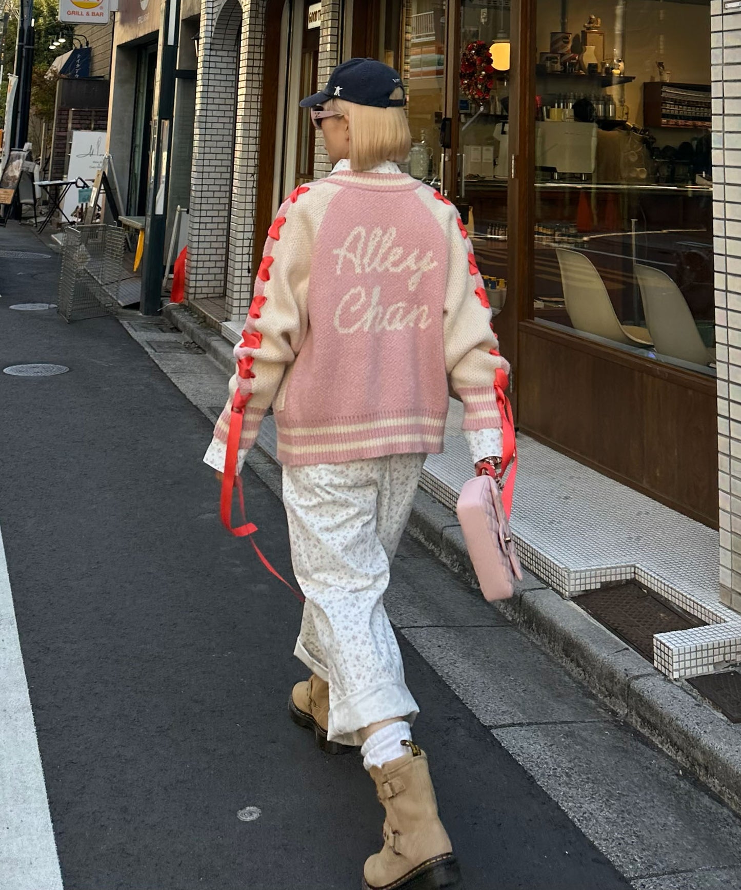 袖リボンALLEYニットスタジャン【ピンク】