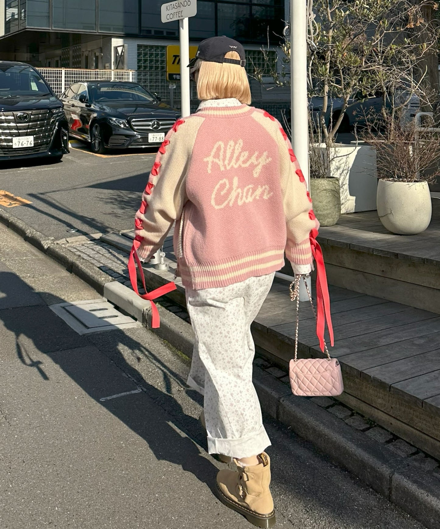 袖リボンALLEYニットスタジャン【ピンク】