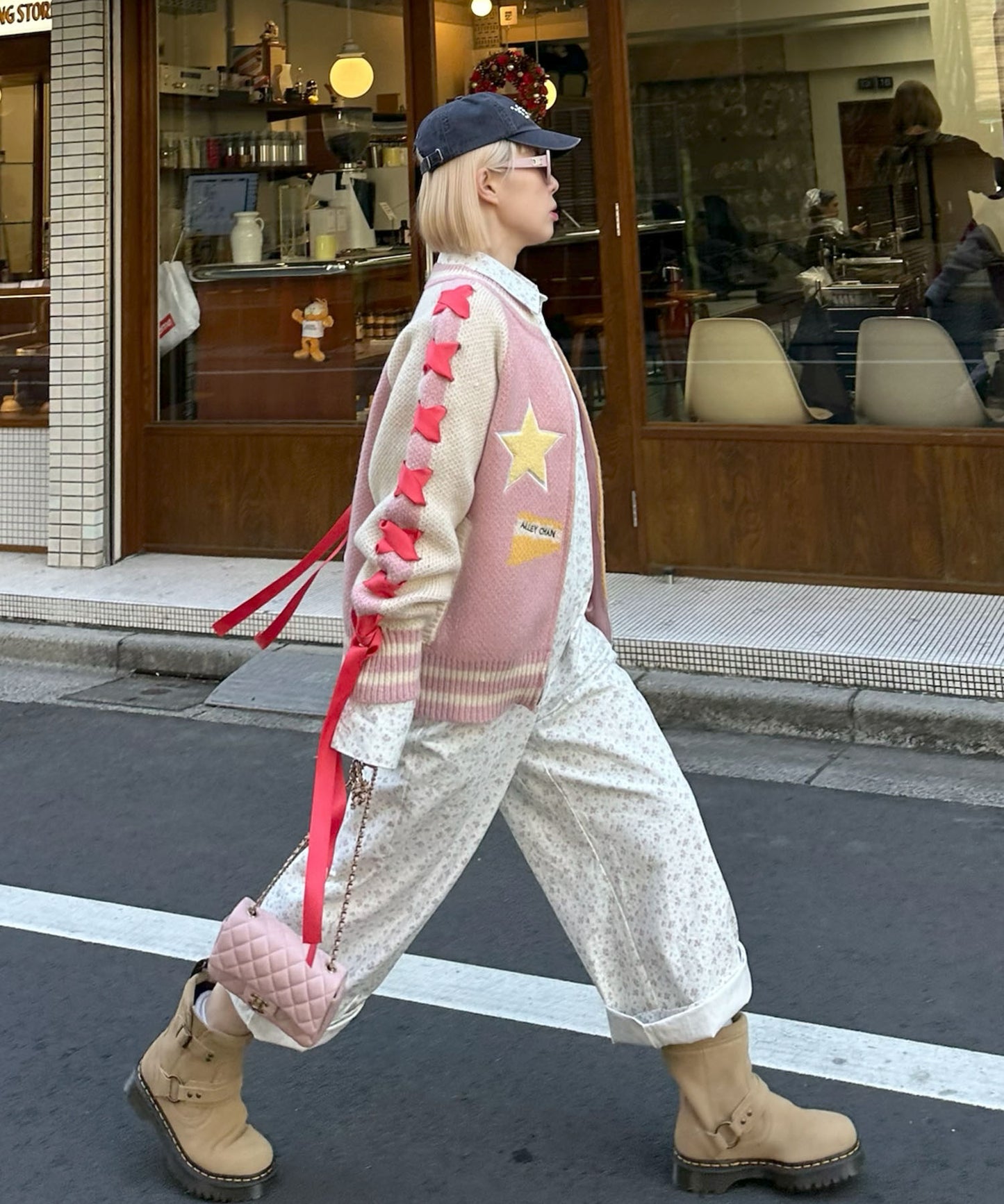 袖リボンALLEYニットスタジャン【ピンク】