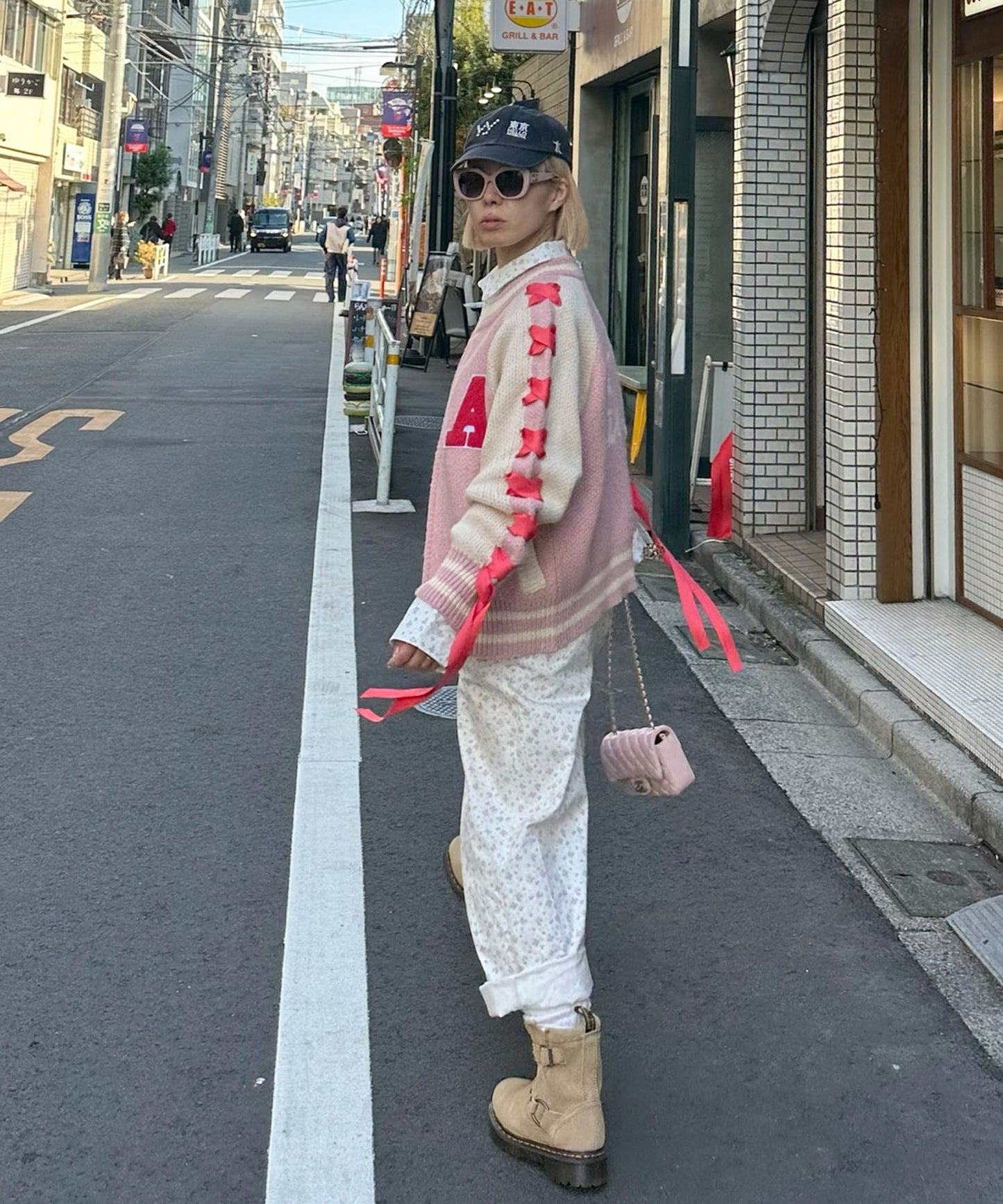 袖リボンALLEYニットスタジャン【ピンク】