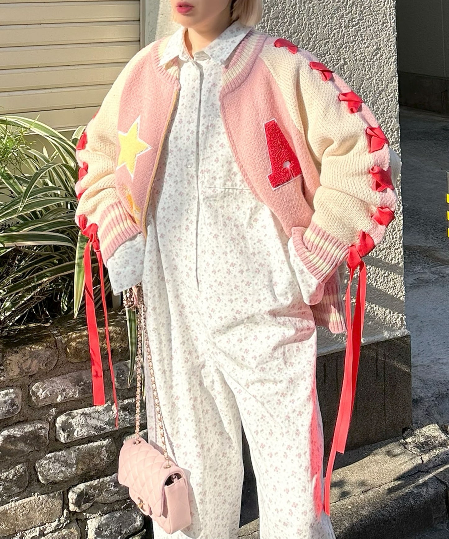 袖リボンALLEYニットスタジャン【ピンク】