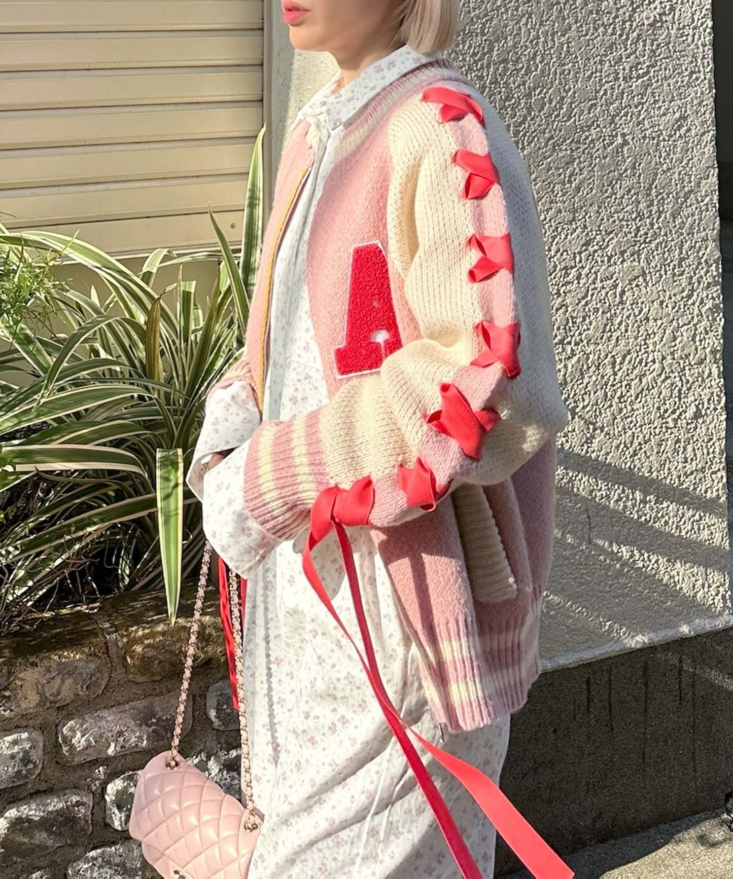 袖リボンALLEYニットスタジャン【ピンク】