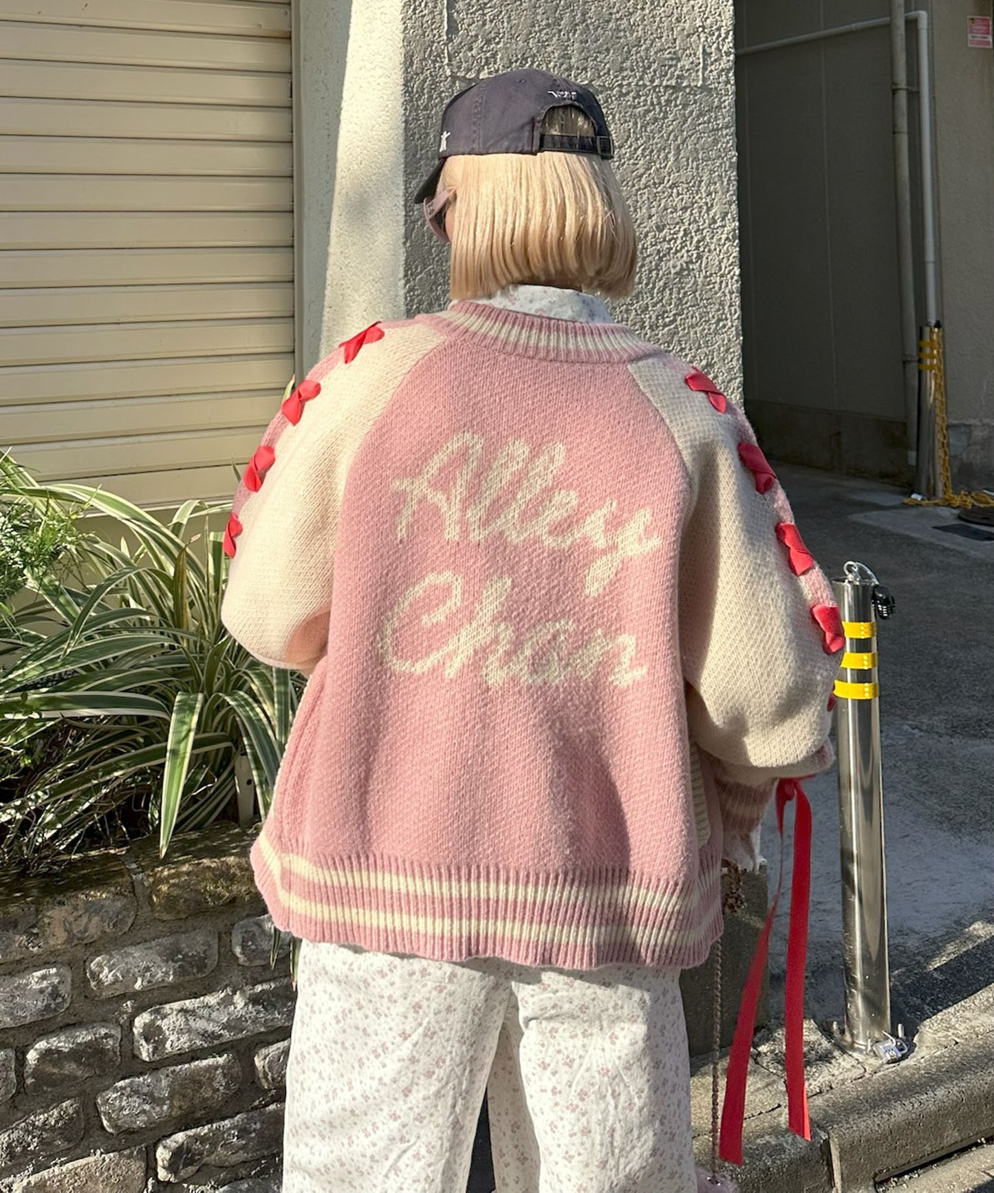 袖リボンALLEYニットスタジャン【ピンク】