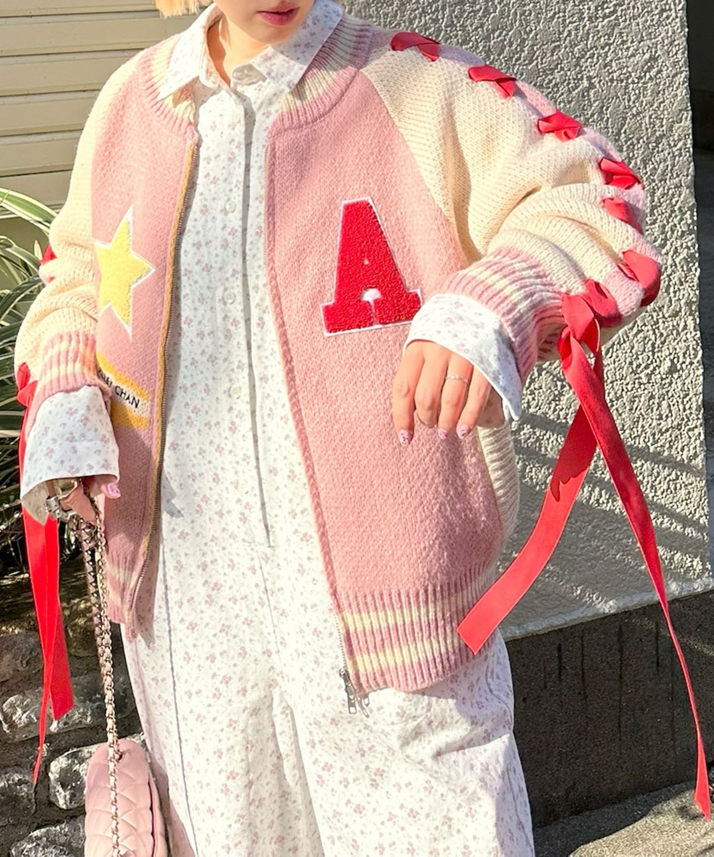 袖リボンALLEYニットスタジャン【ピンク】