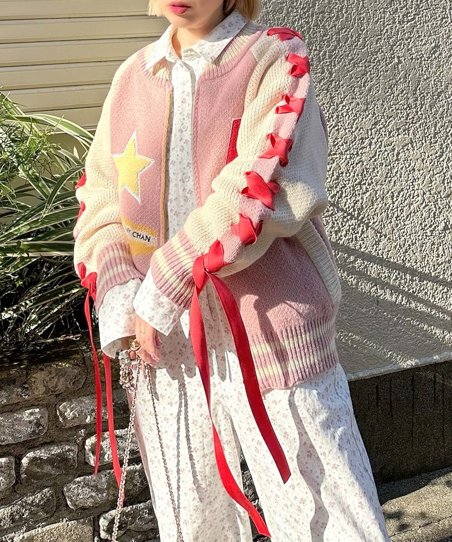 袖リボンALLEYニットスタジャン【ピンク】