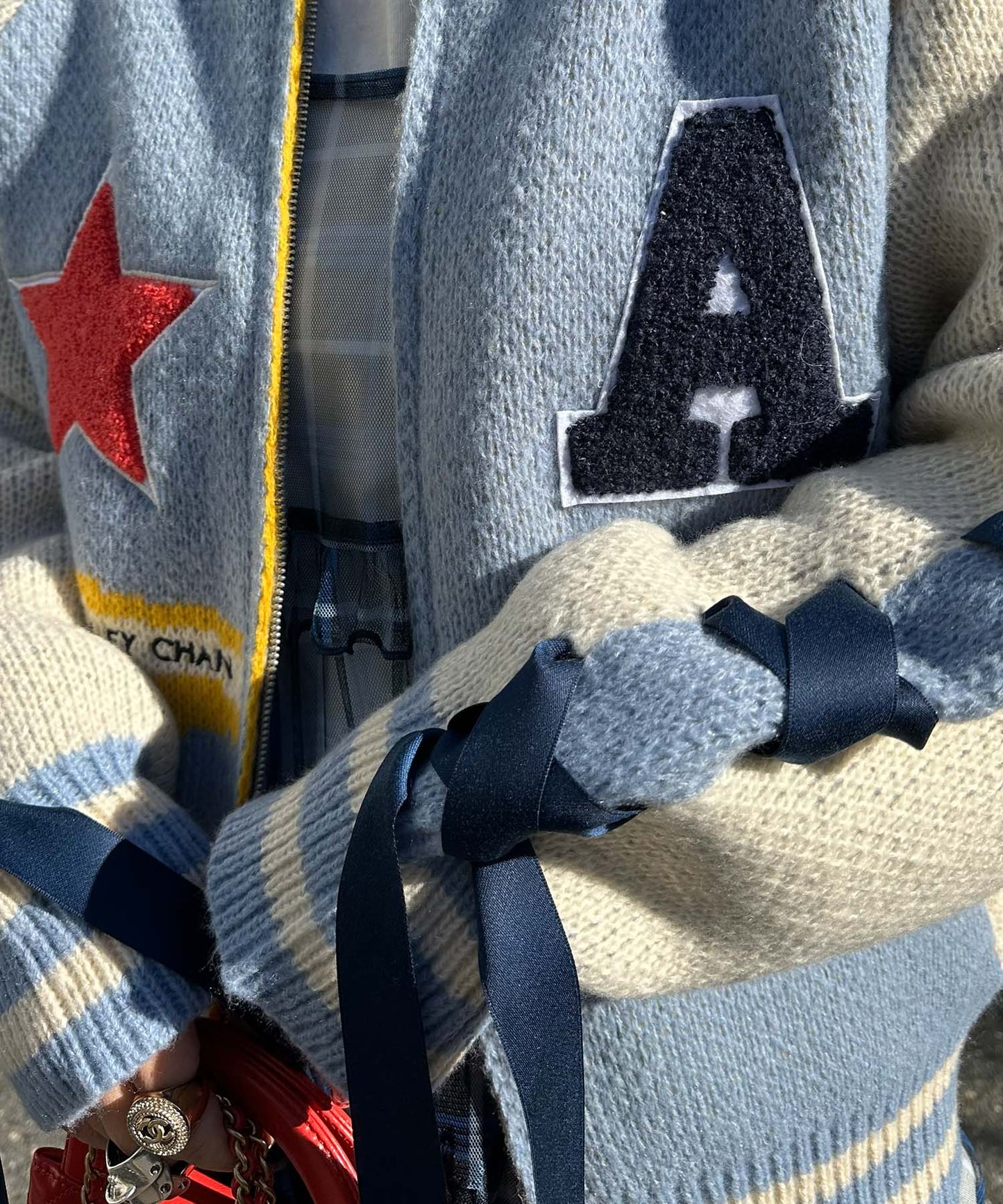 袖リボンALLEYニットスタジャン【サックスブルー】