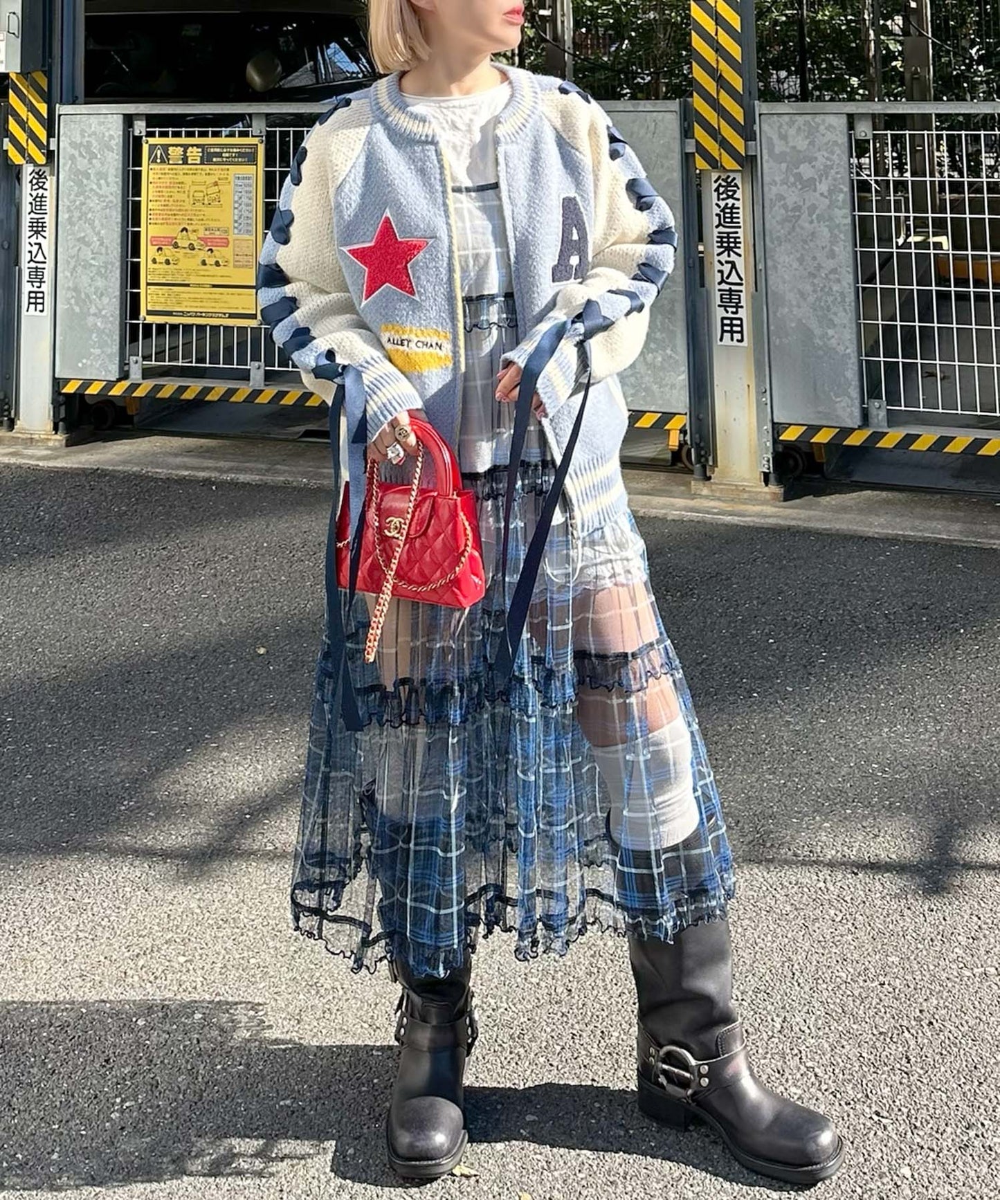 袖リボンALLEYニットスタジャン【サックスブルー】