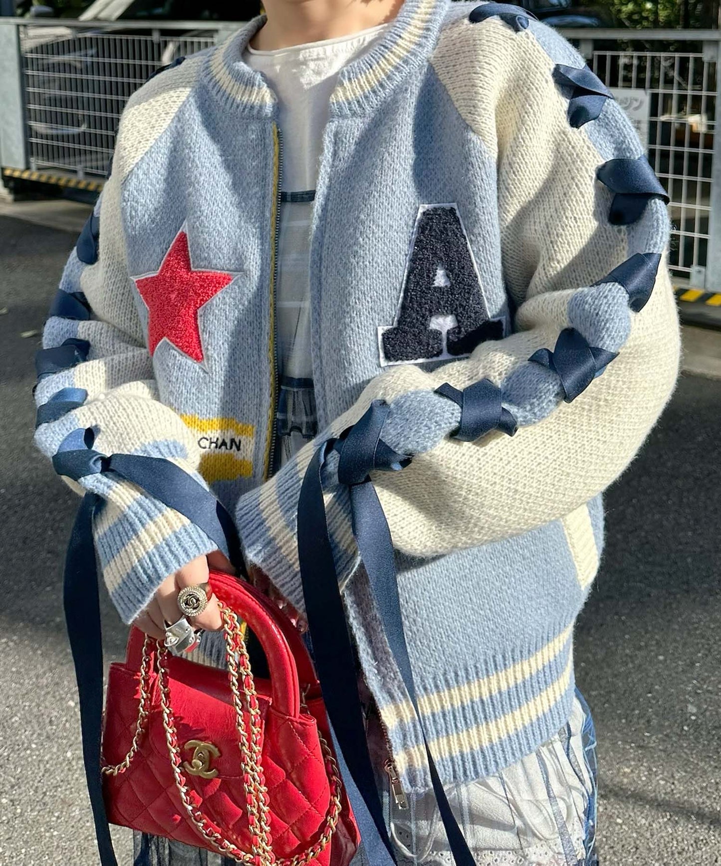 袖リボンALLEYニットスタジャン【サックスブルー】