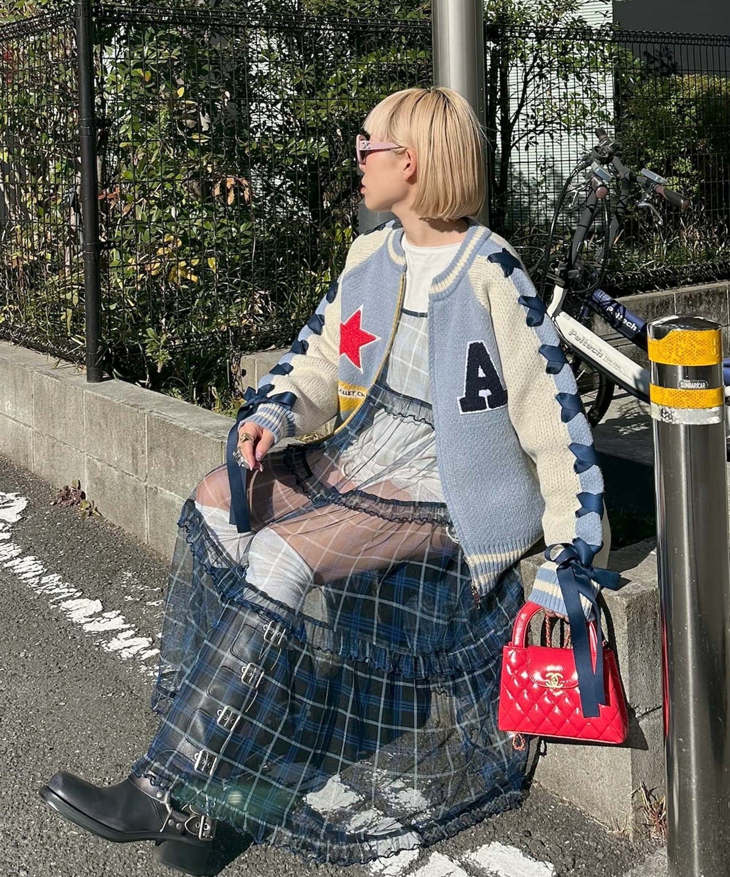 袖リボンALLEYニットスタジャン【サックスブルー】