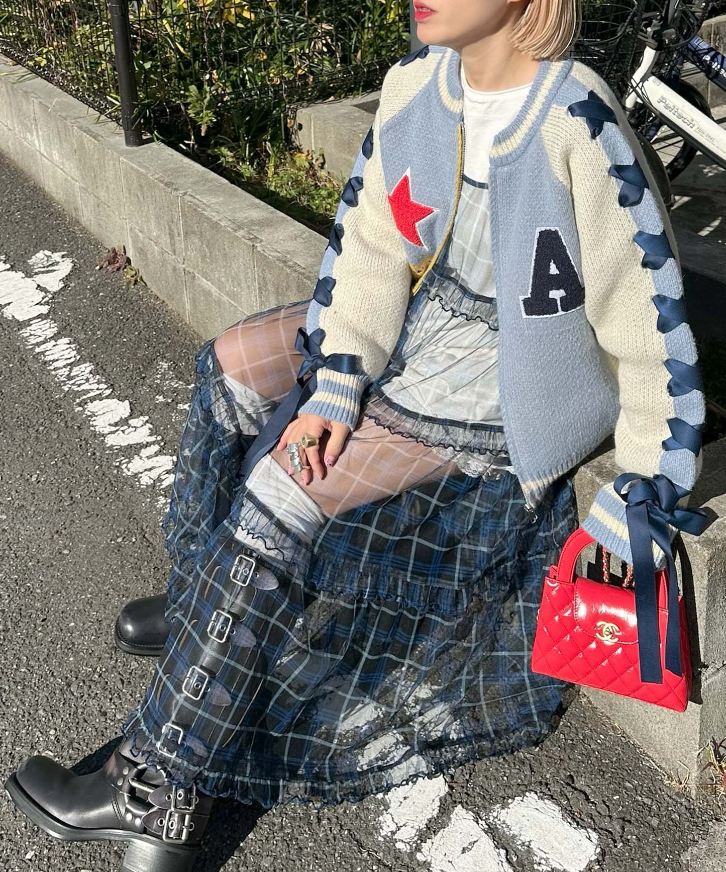 袖リボンALLEYニットスタジャン【サックスブルー】