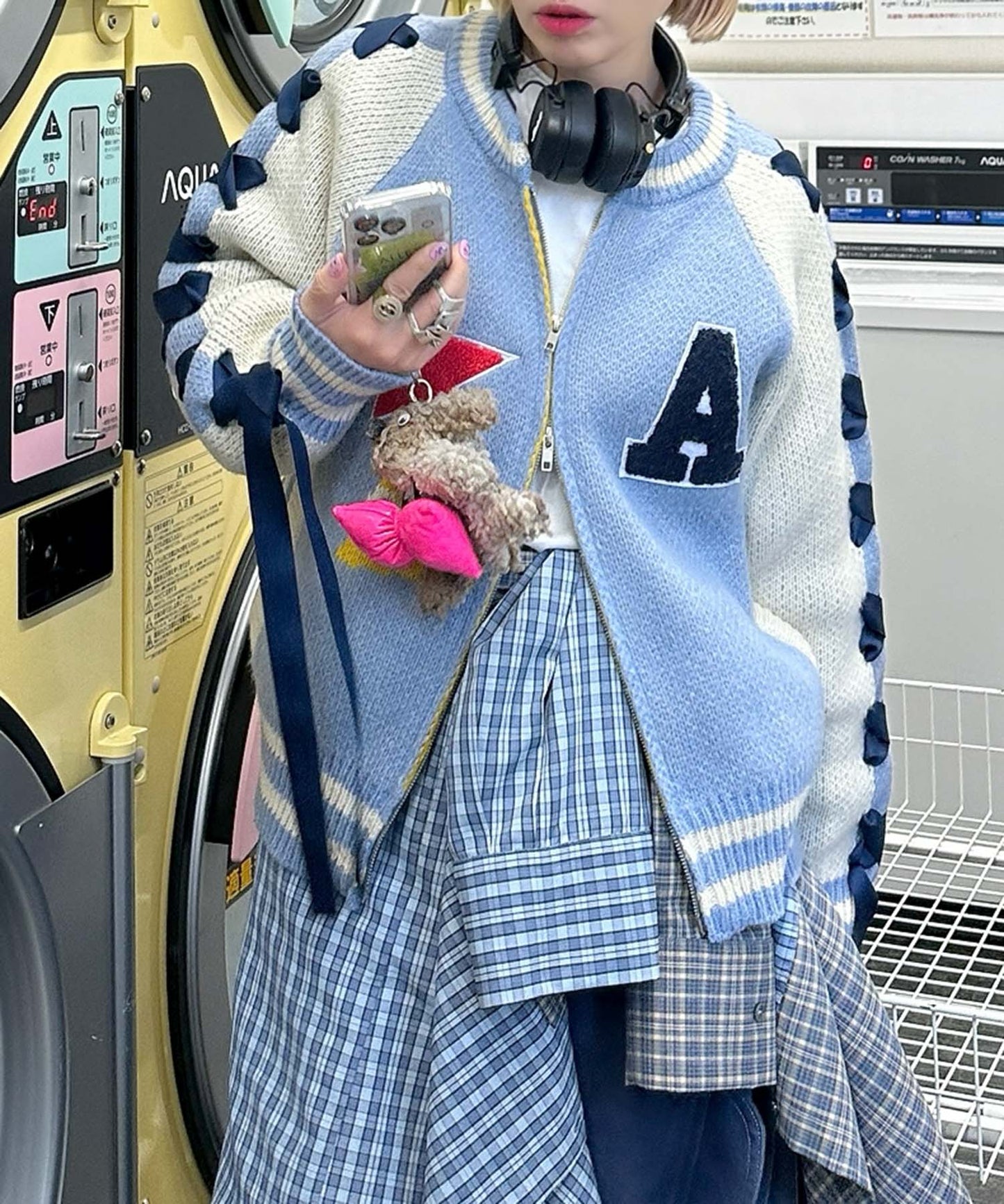 袖リボンALLEYニットスタジャン【サックスブルー】