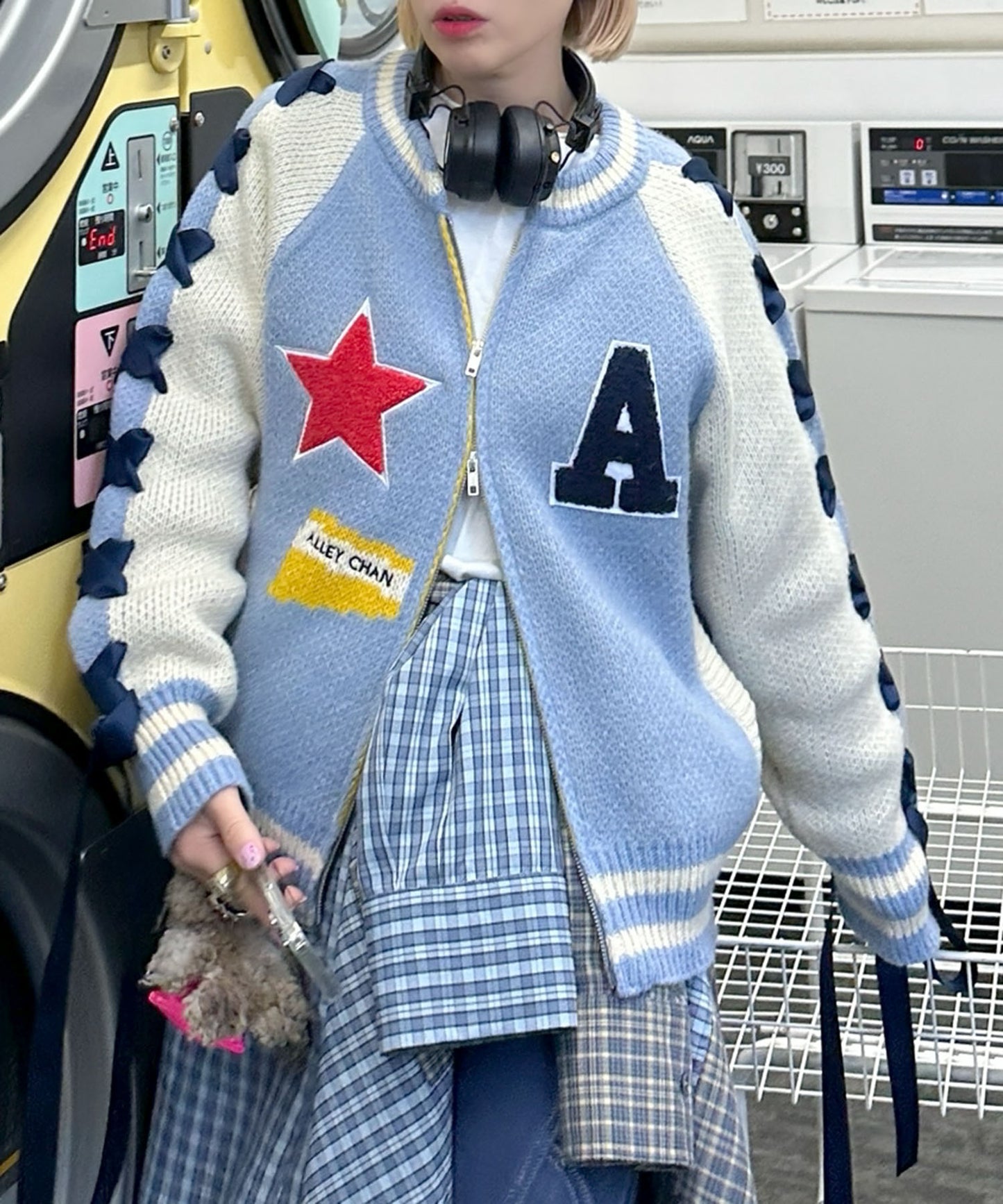 袖リボンALLEYニットスタジャン【サックスブルー】