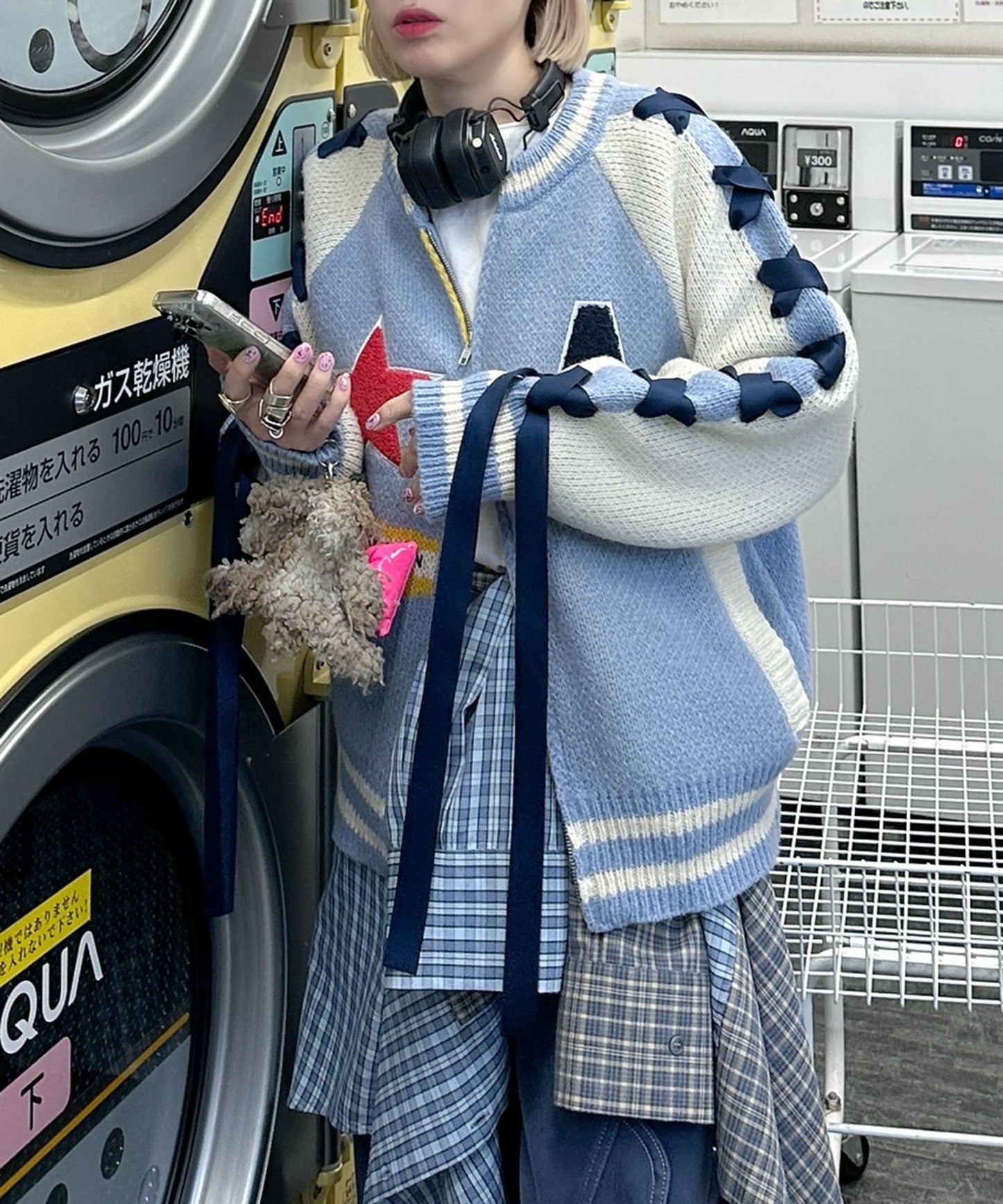 袖リボンALLEYニットスタジャン【サックスブルー】