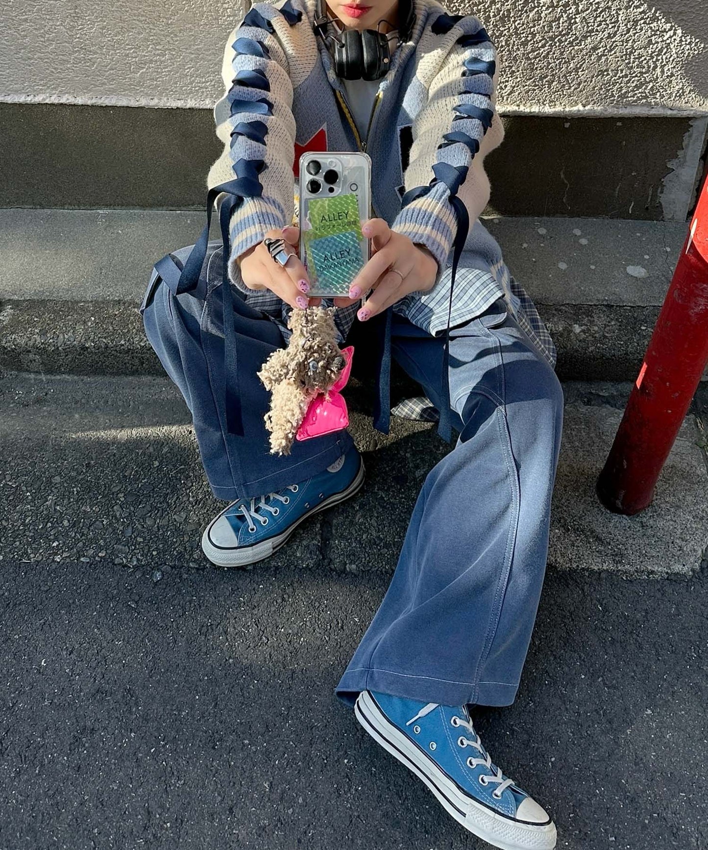 袖リボンALLEYニットスタジャン【サックスブルー】