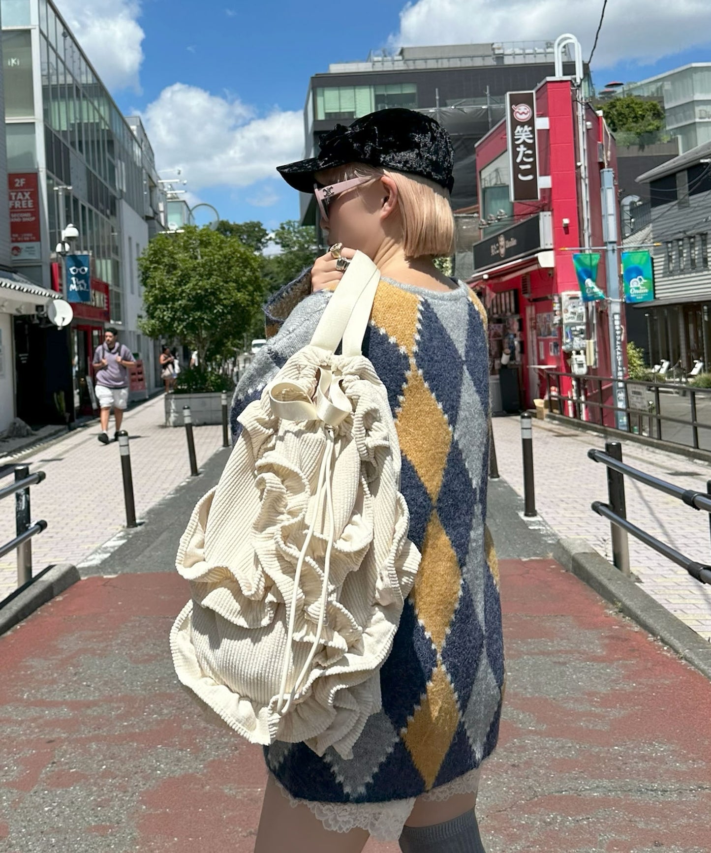 アーガイル柄のふさふさBIGカーデ【ブルー】