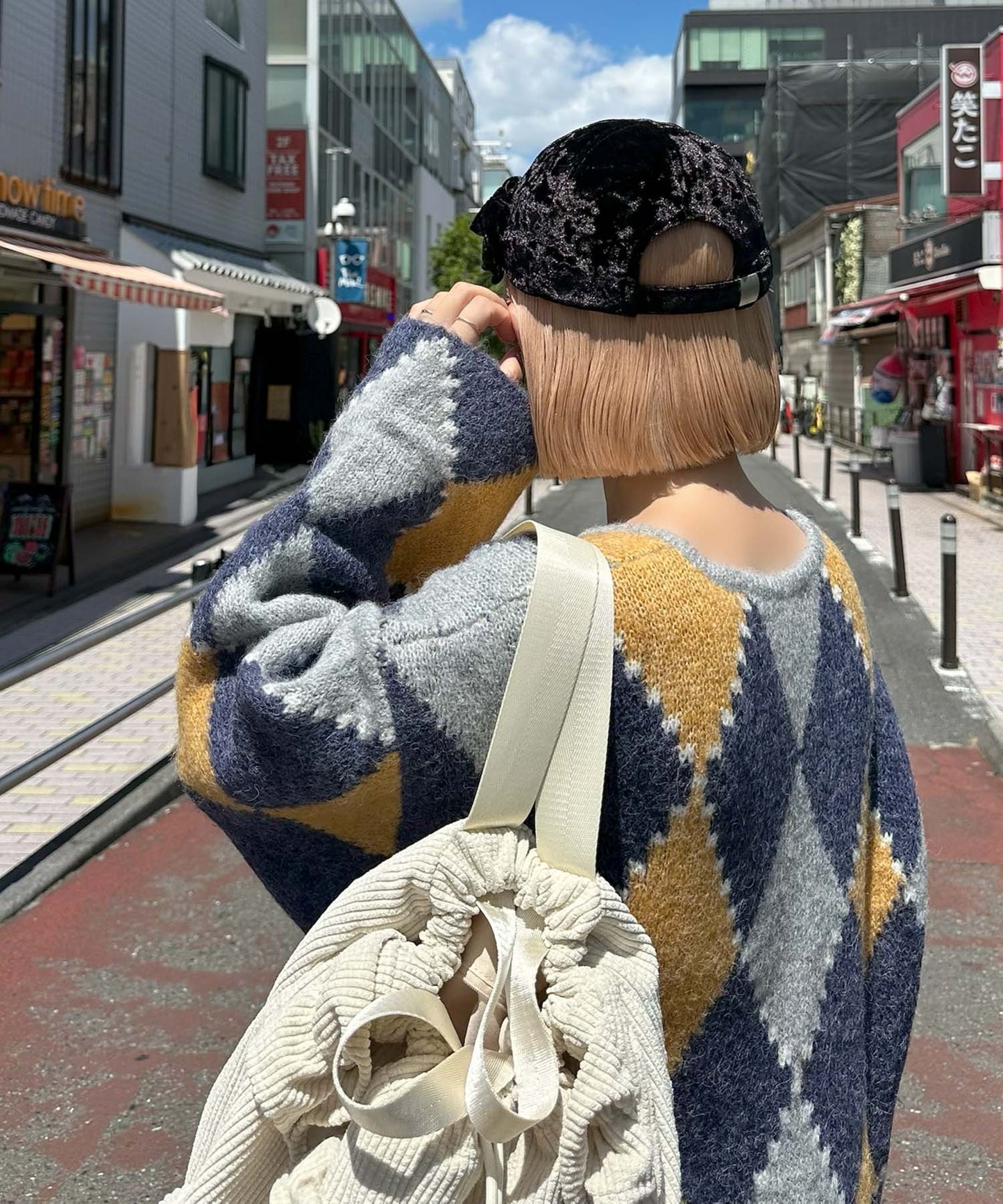 アーガイル柄のふさふさBIGカーデ【ブルー】