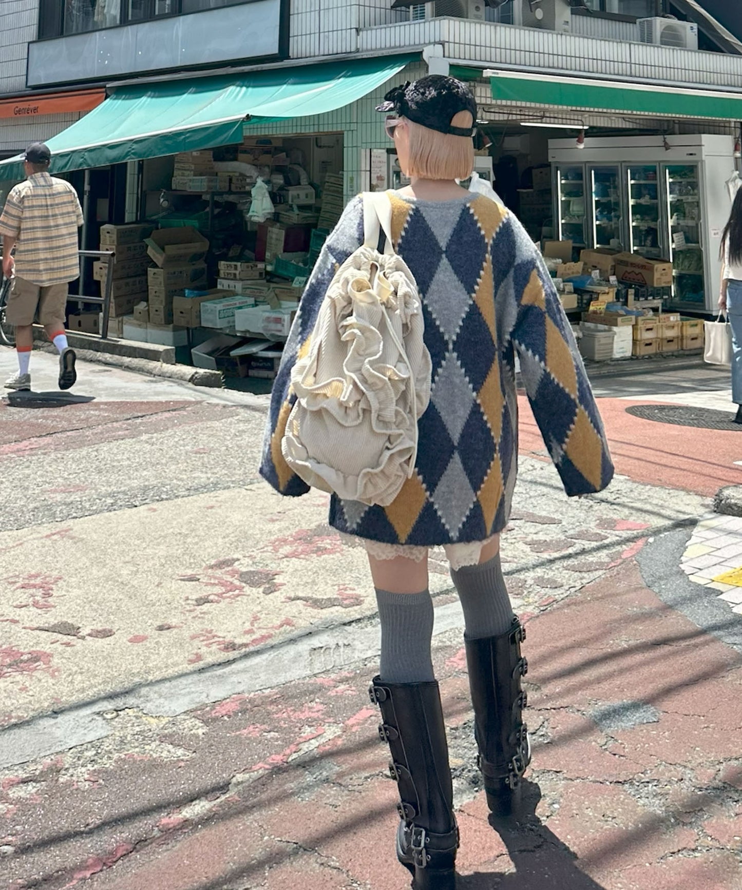 アーガイル柄のふさふさBIGカーデ【ブルー】