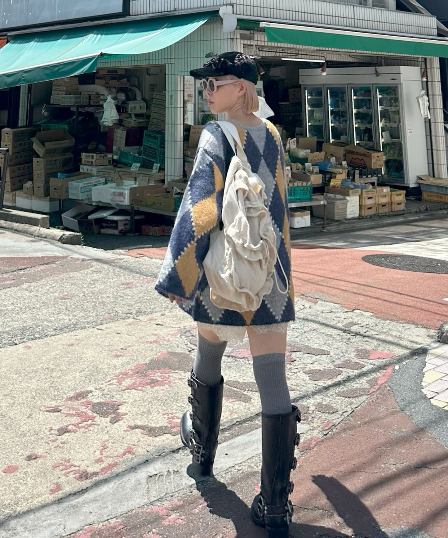 アーガイル柄のふさふさBIGカーデ【ブルー】