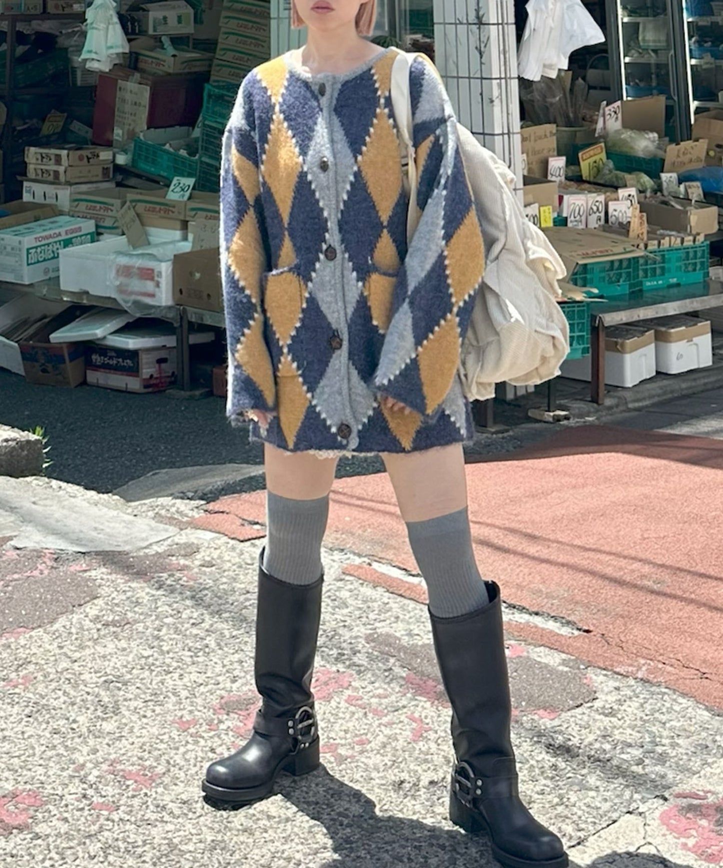 アーガイル柄のふさふさBIGカーデ【ブルー】