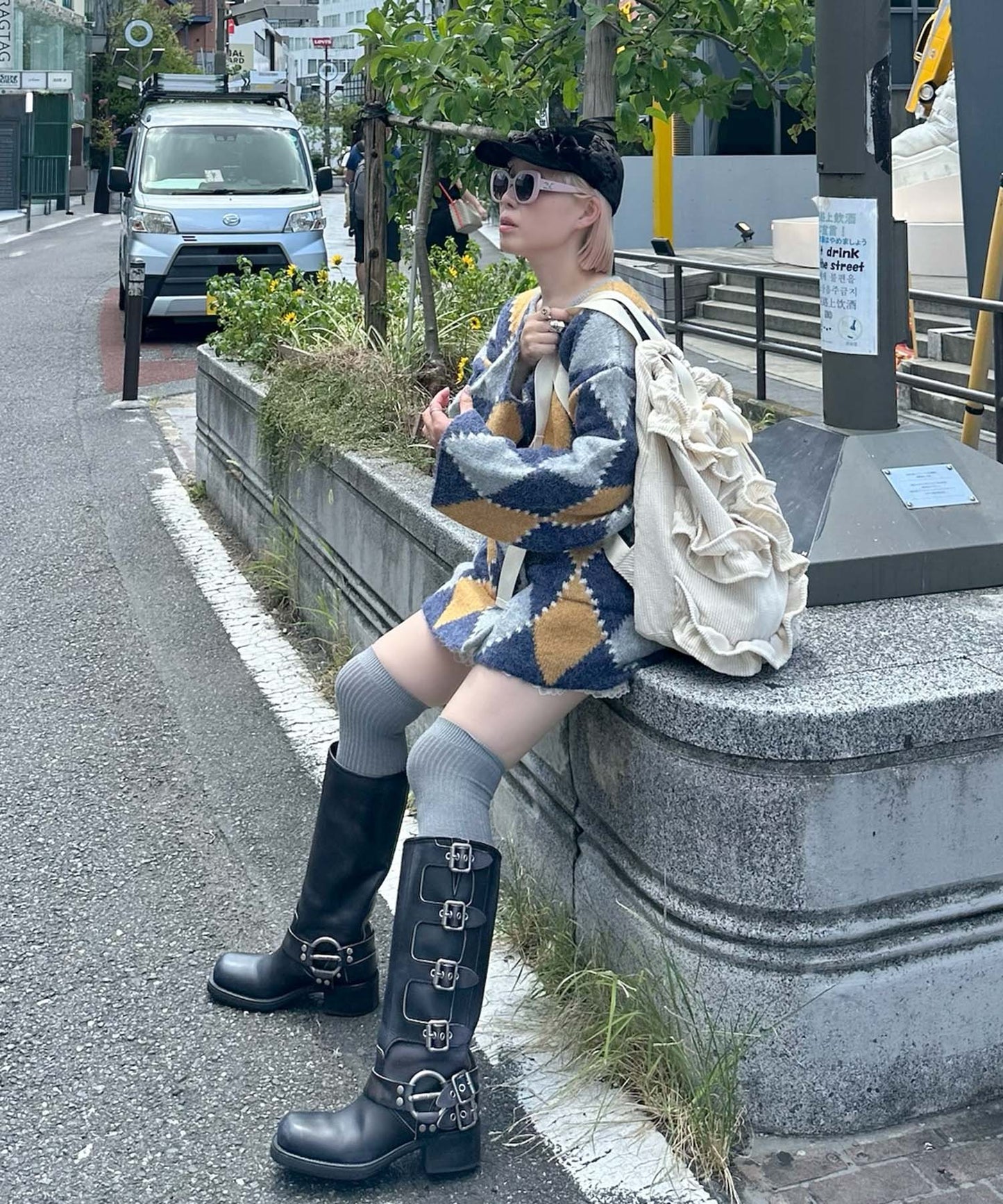 アーガイル柄のふさふさBIGカーデ【ブルー】