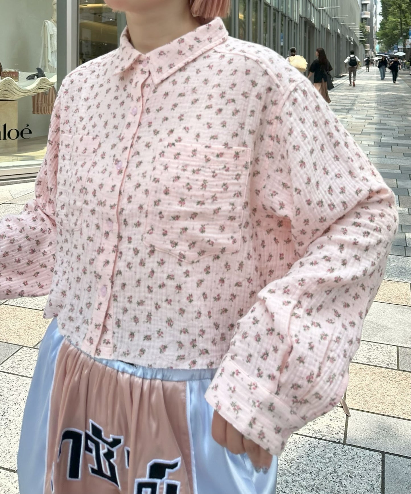 ガーゼ花柄シャツ【ピンク】