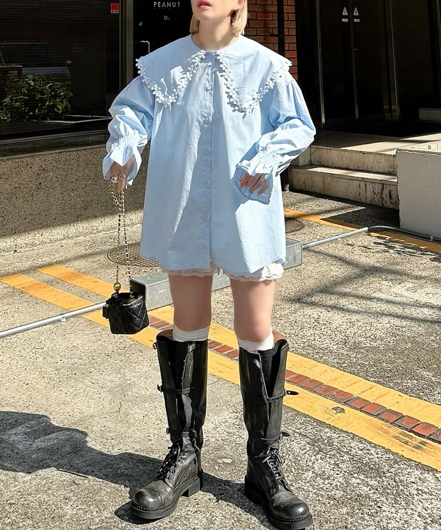 お花モチーフBig衿ブラウス【サックスブルー】