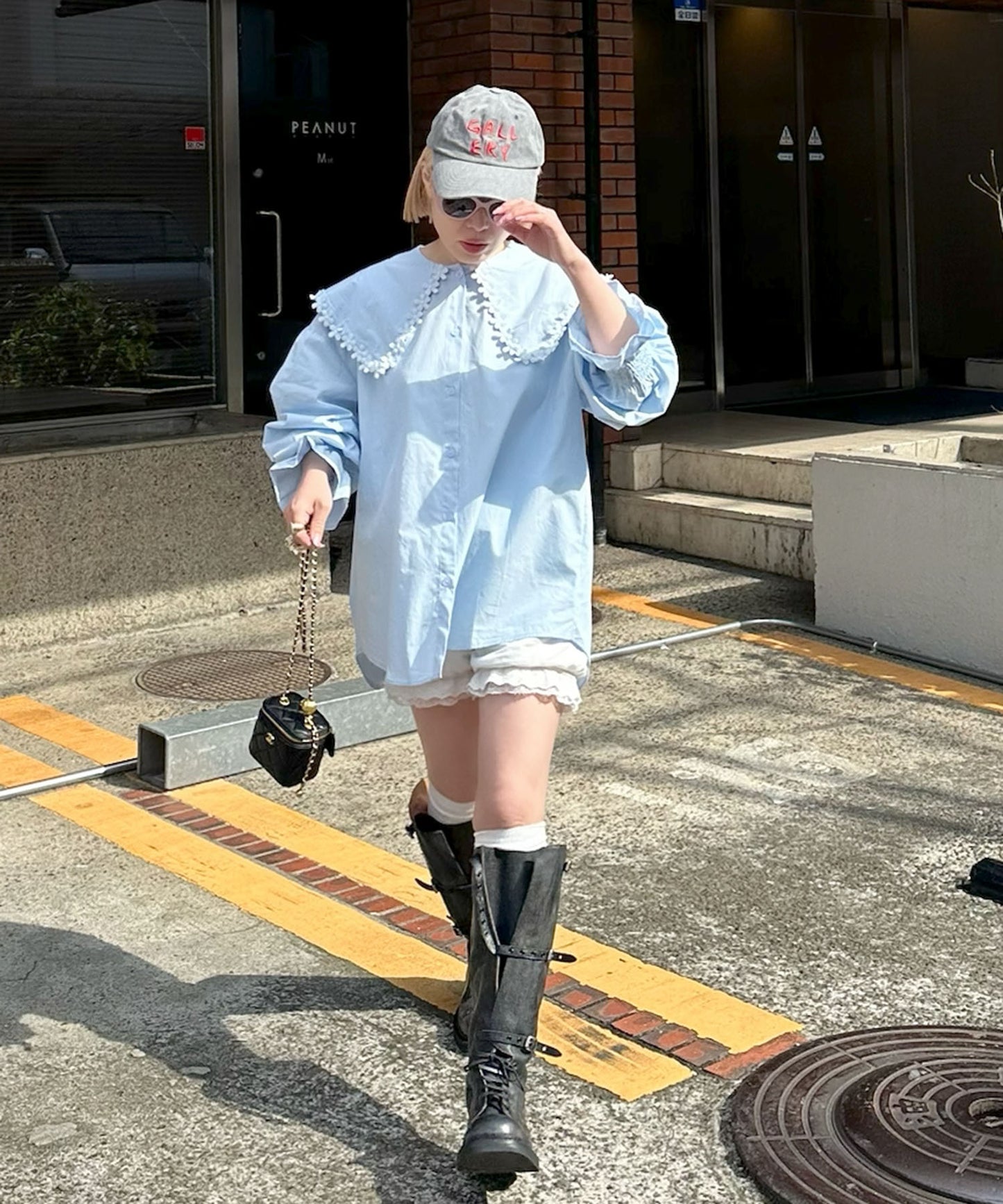 お花モチーフBig衿ブラウス【サックスブルー】