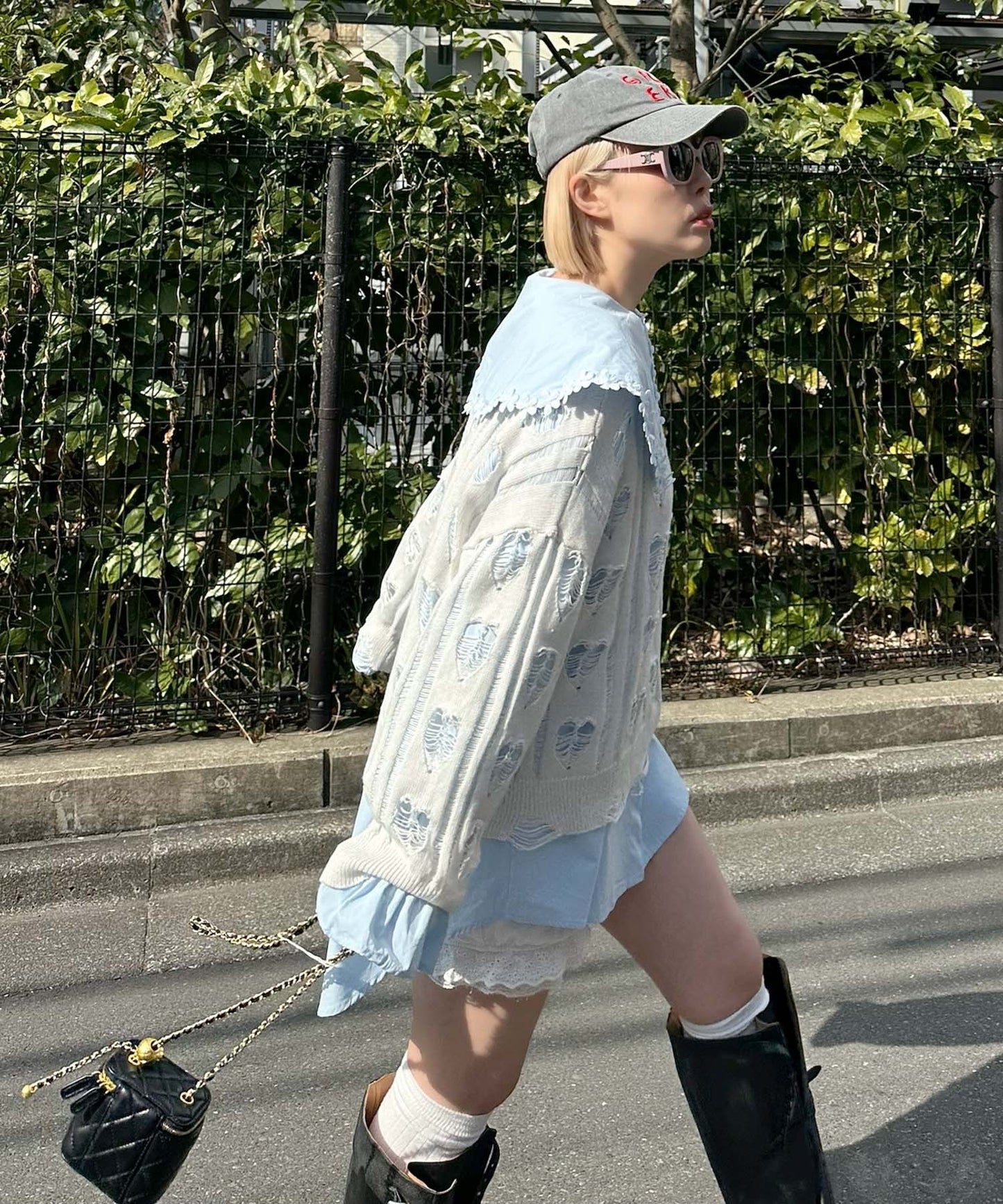 お花モチーフBig衿ブラウス【サックスブルー】