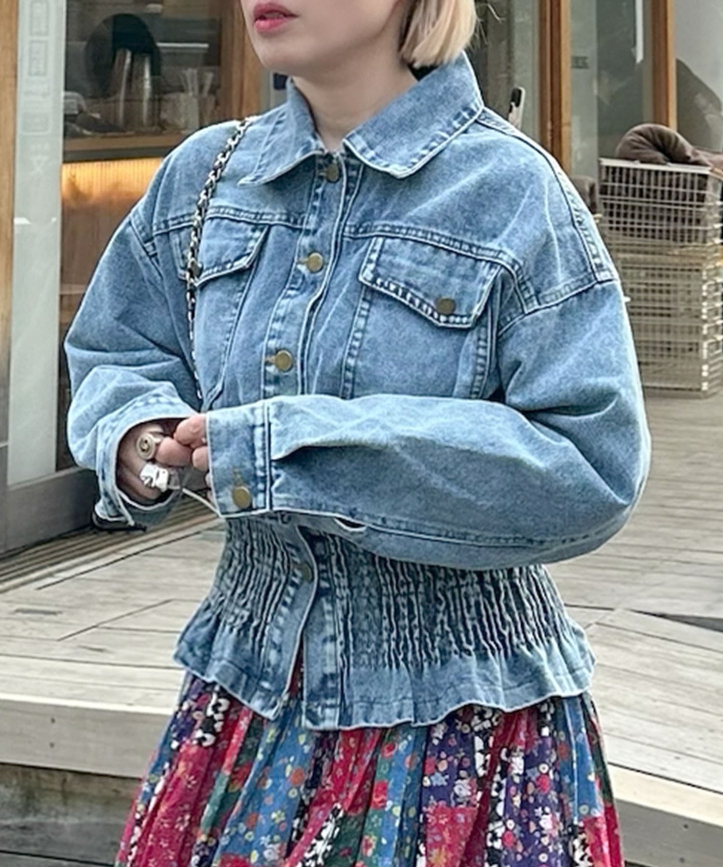 古着っぽケミカルデニムブルゾン【ブルー】