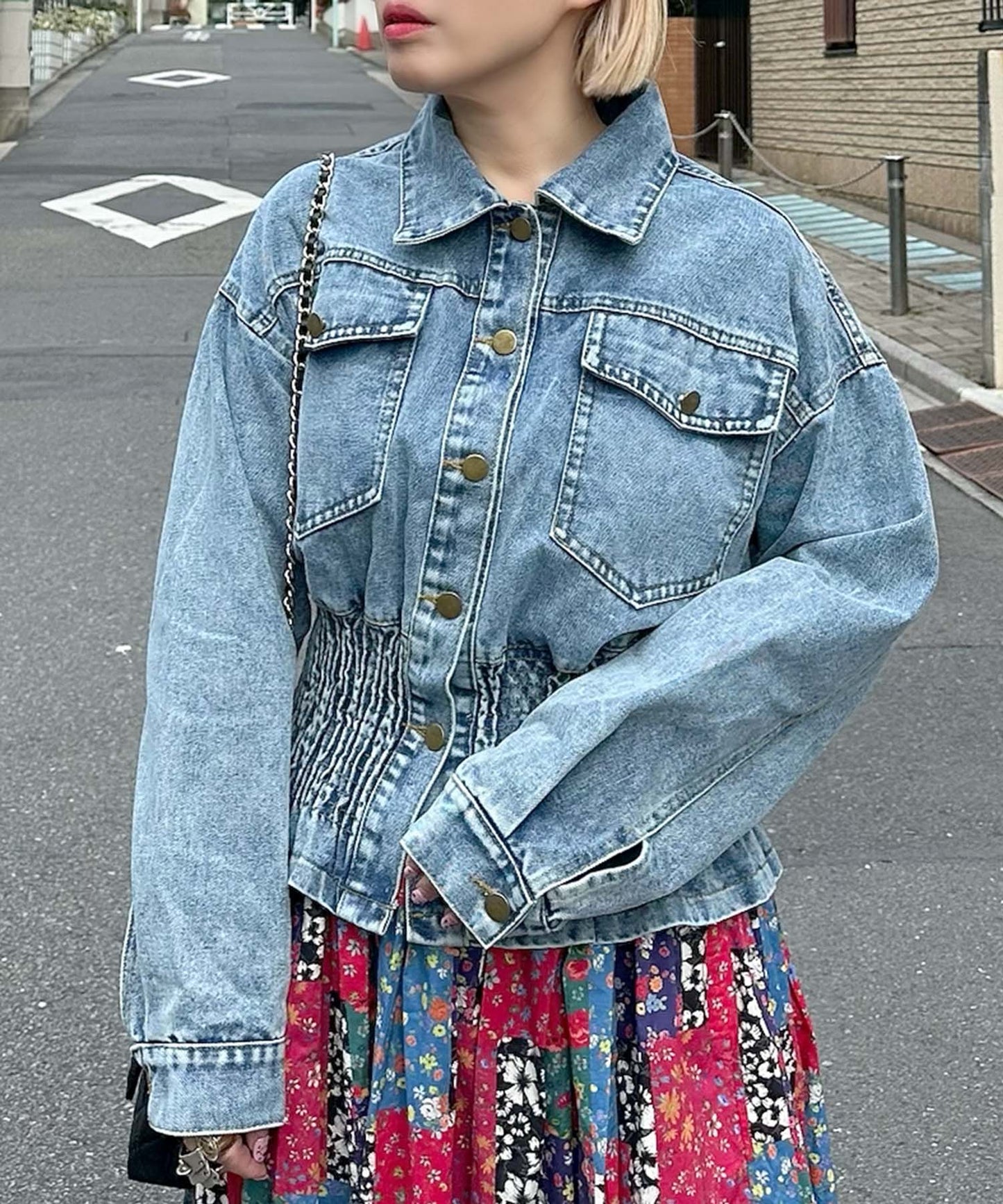 古着っぽケミカルデニムブルゾン【ブルー】