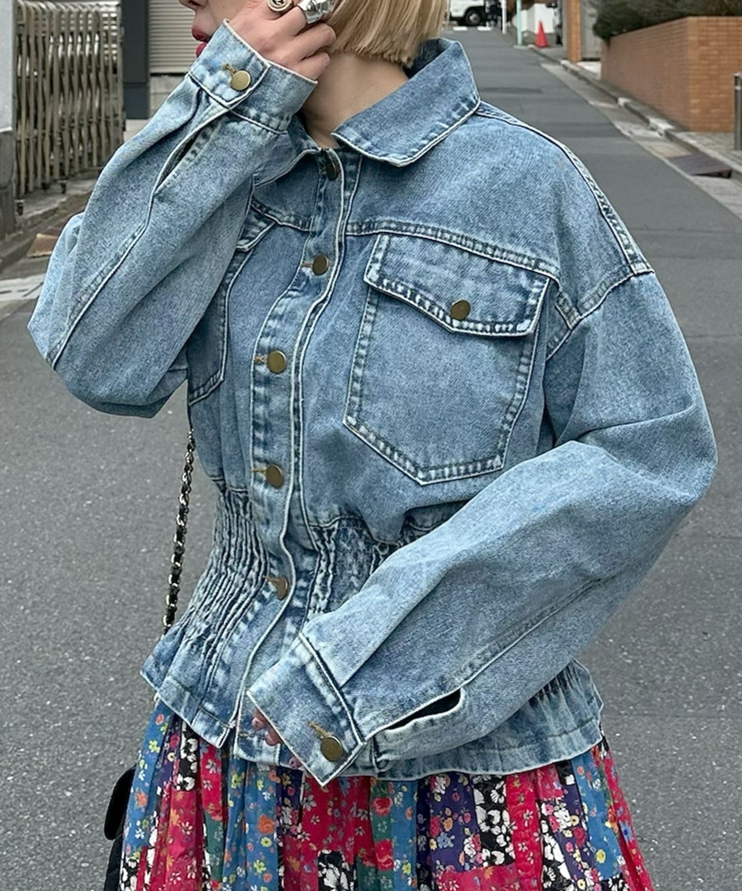 古着っぽケミカルデニムブルゾン【ブルー】