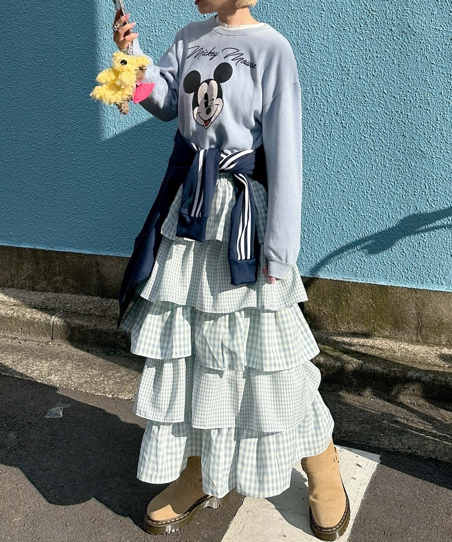 ティアードギンガムボリュームスカート【ブルー】