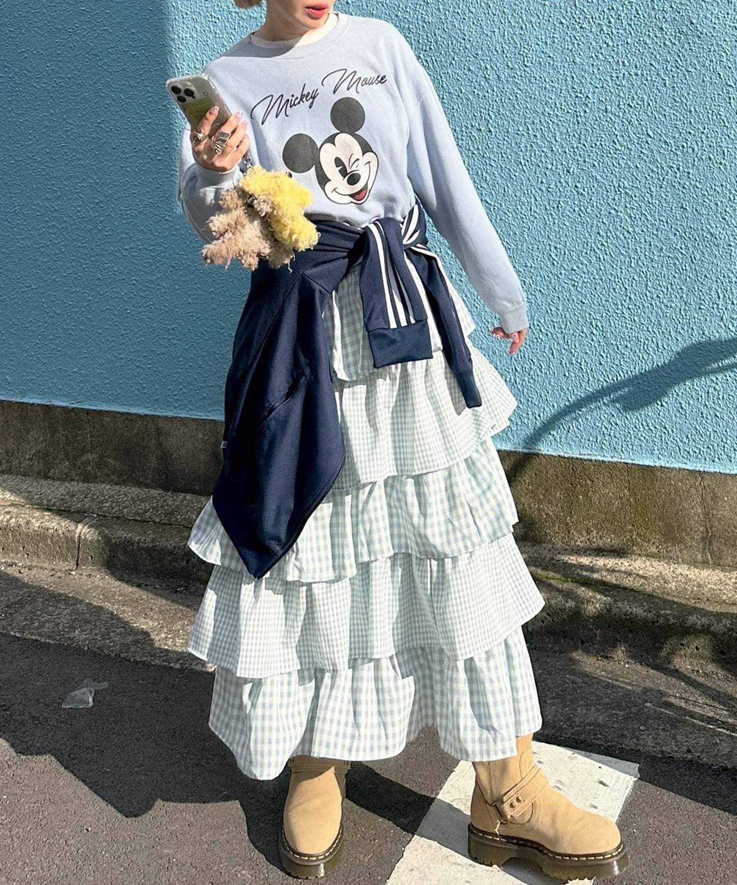 ティアードギンガムボリュームスカート【ブルー】