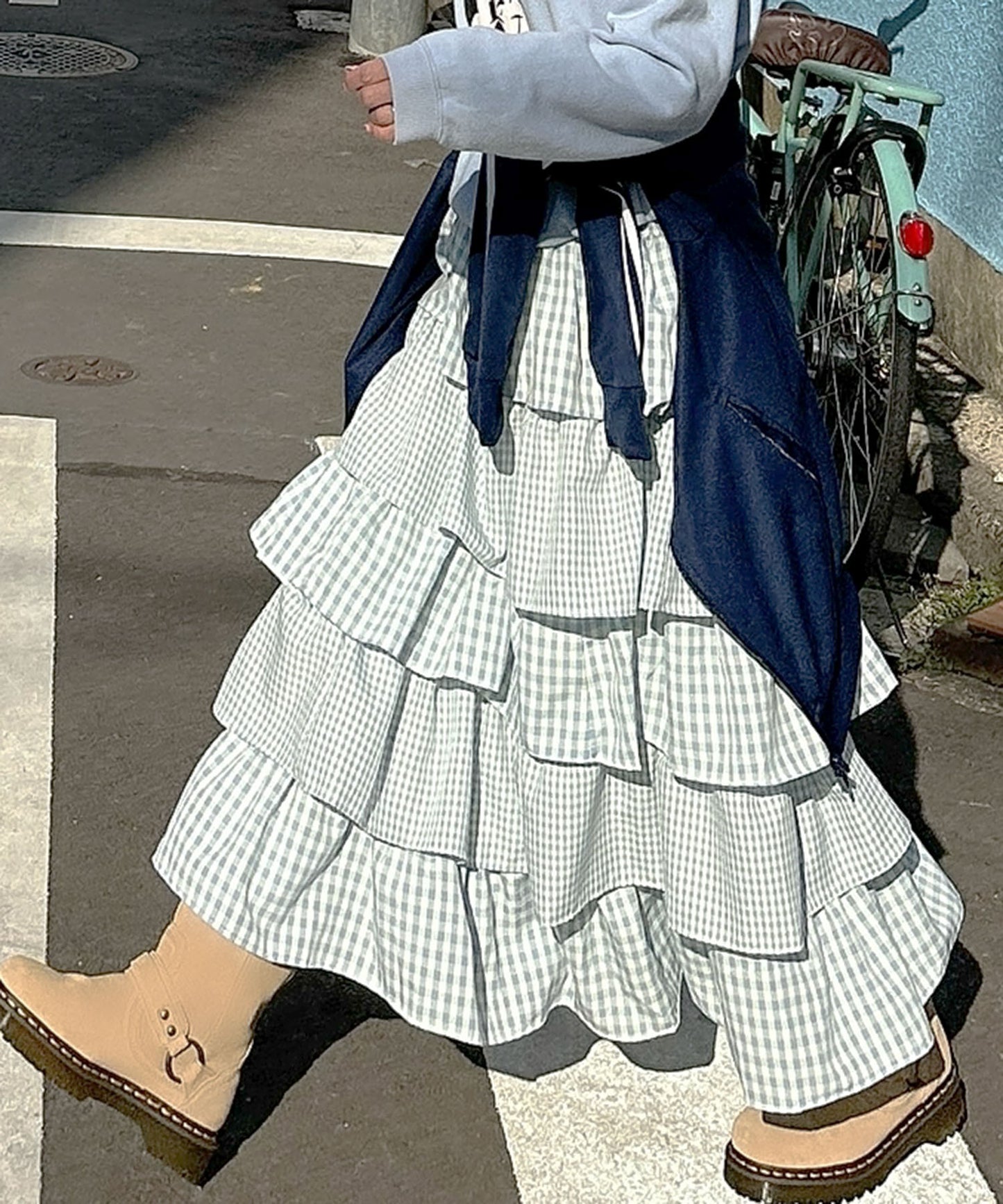 ティアードギンガムボリュームスカート【ブルー】