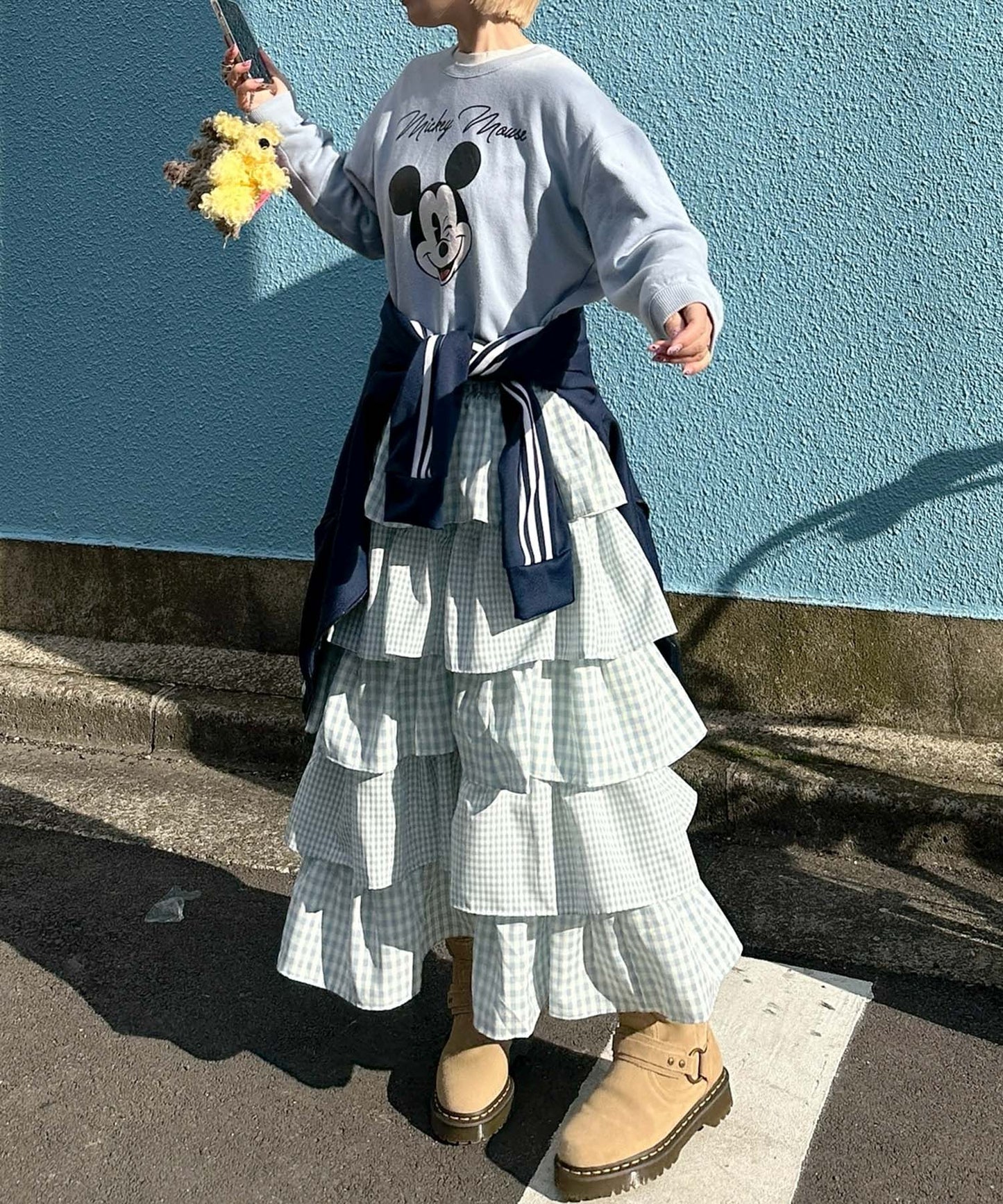 ティアードギンガムボリュームスカート【ブルー】