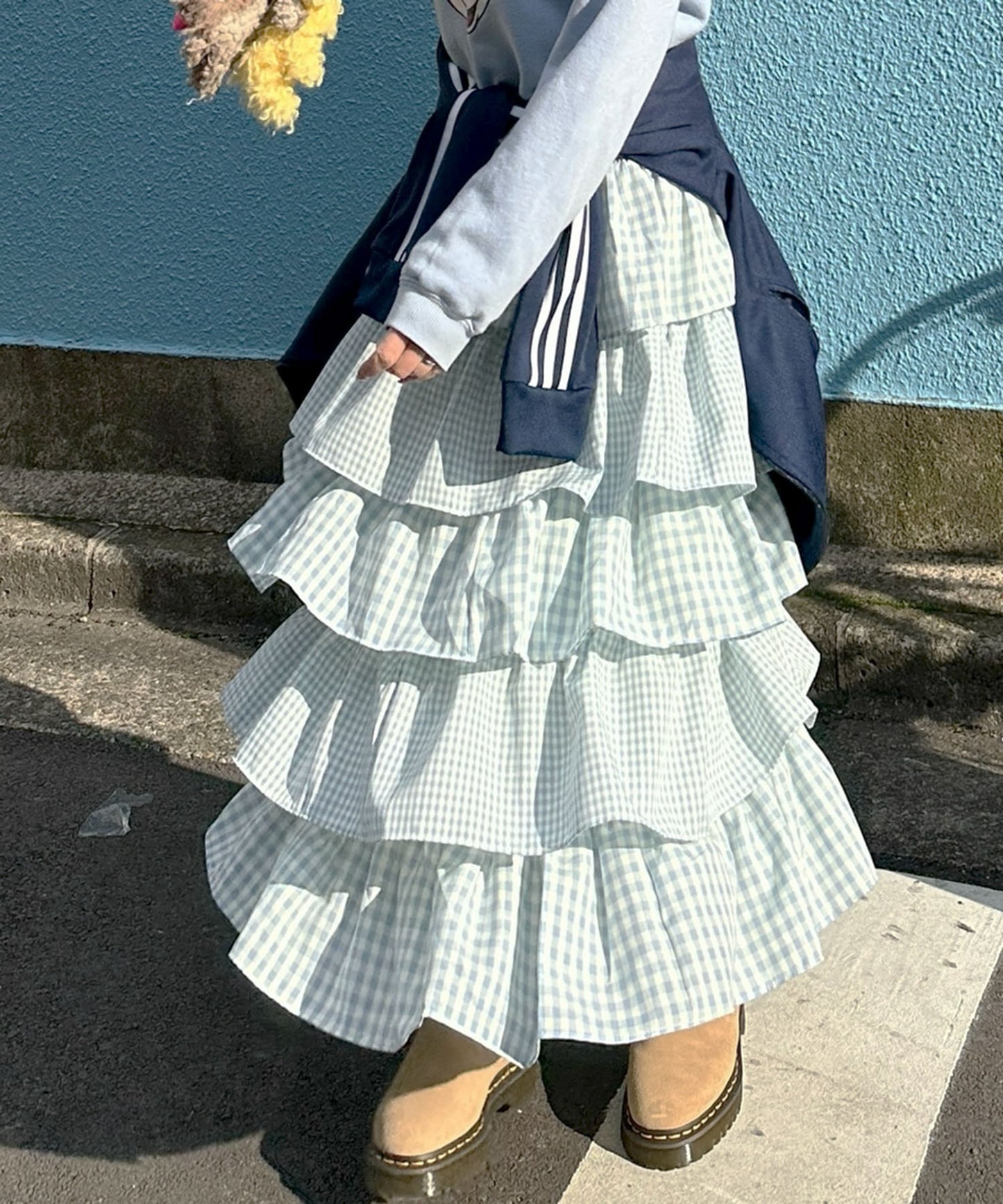ティアードギンガムボリュームスカート【ブルー】