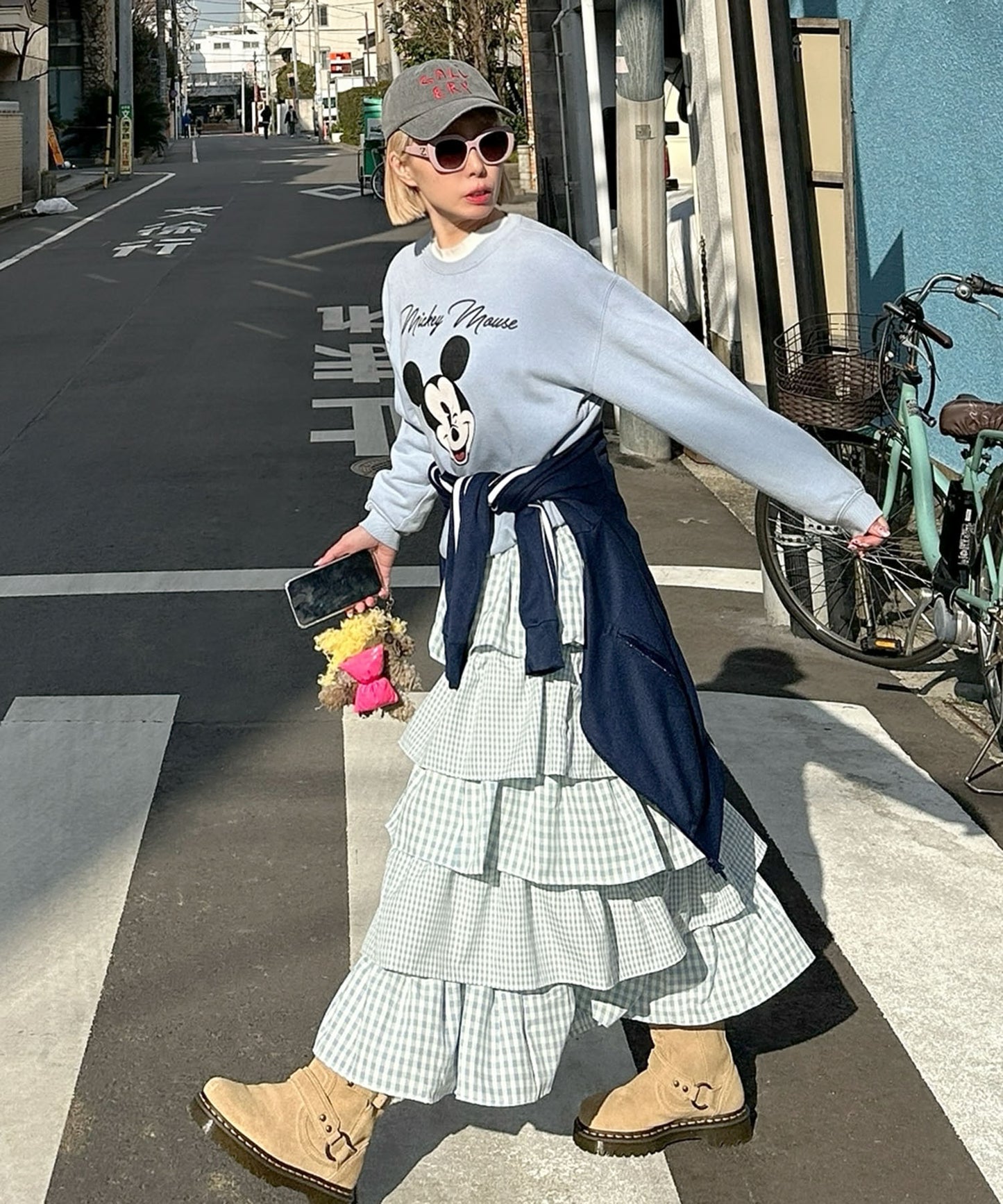 ティアードギンガムボリュームスカート【ブルー】