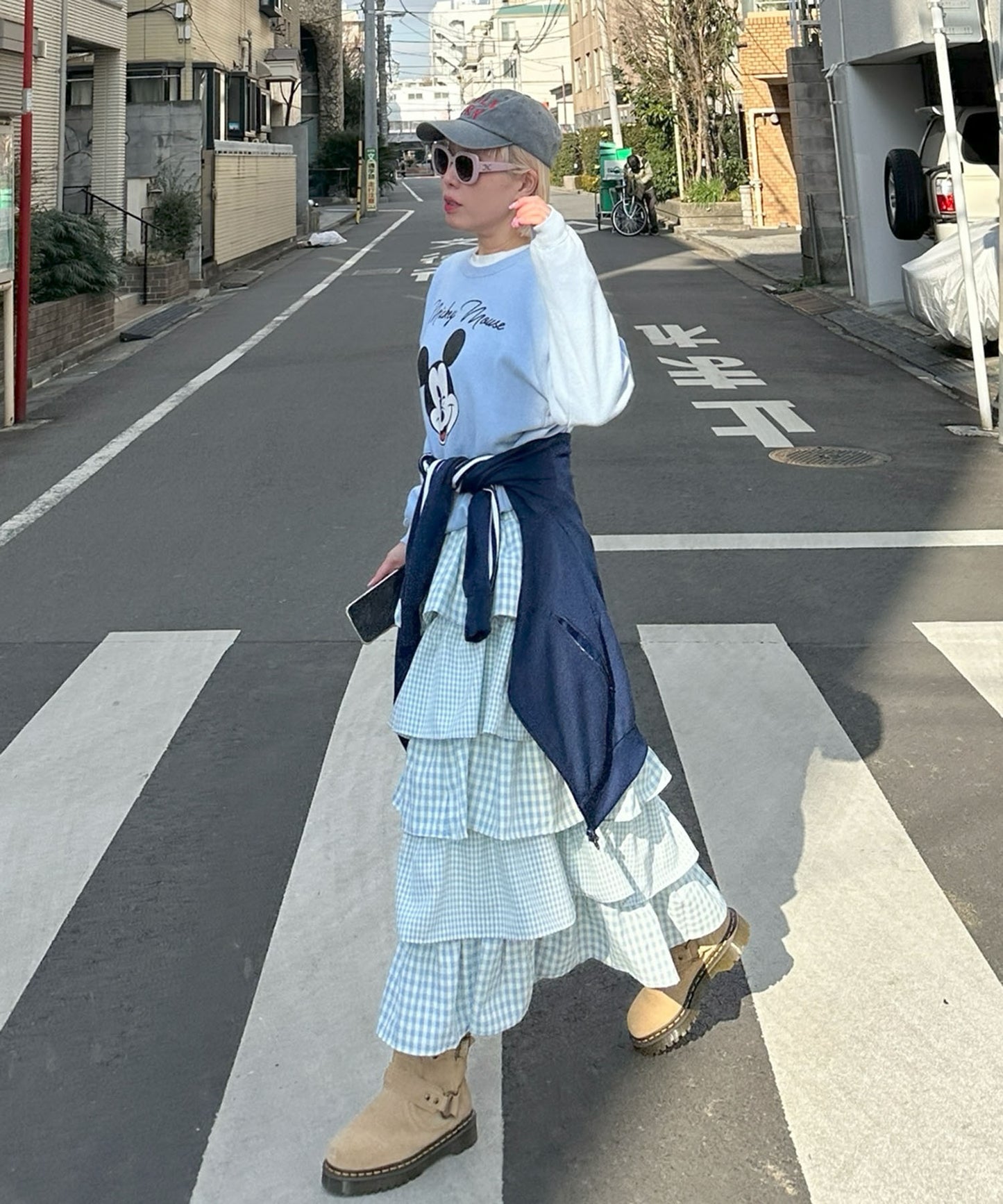 ティアードギンガムボリュームスカート【ブルー】