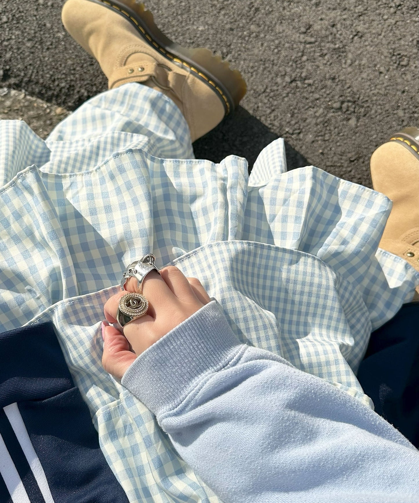 ティアードギンガムボリュームスカート【ブルー】