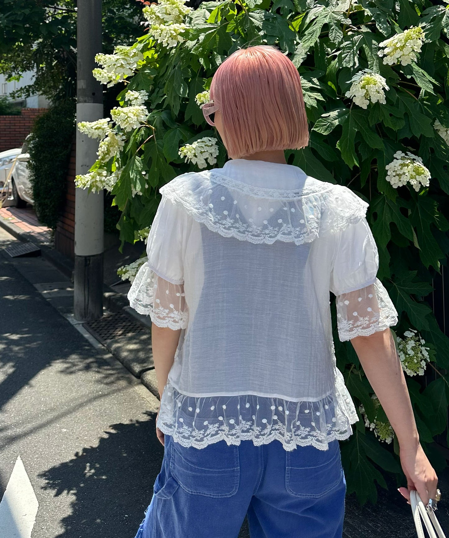 フリル＆レース半袖ブラウス【オフホワイト】
