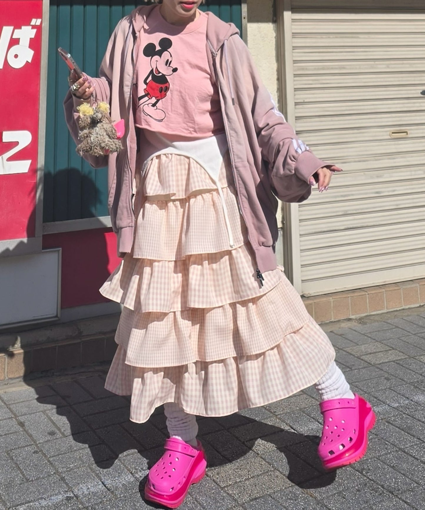 ティアードギンガムボリュームスカート【ピンク】