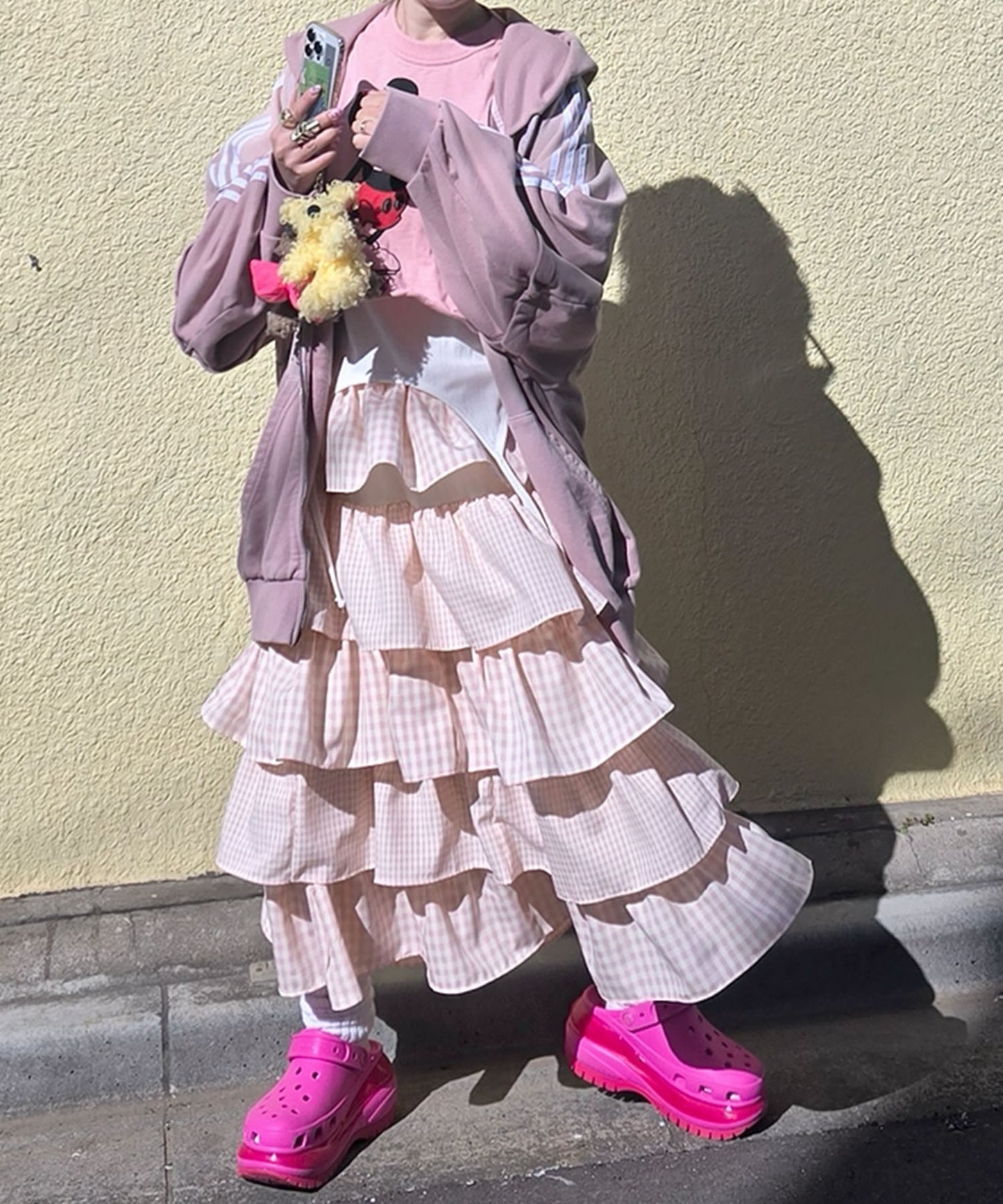 ティアードギンガムボリュームスカート【ピンク】