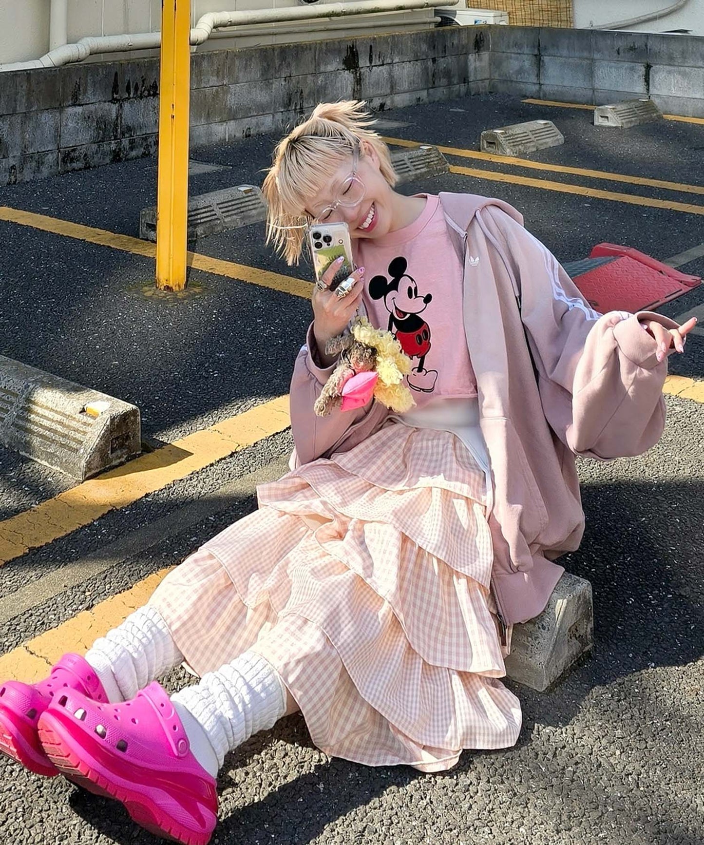 ティアードギンガムボリュームスカート【ピンク】