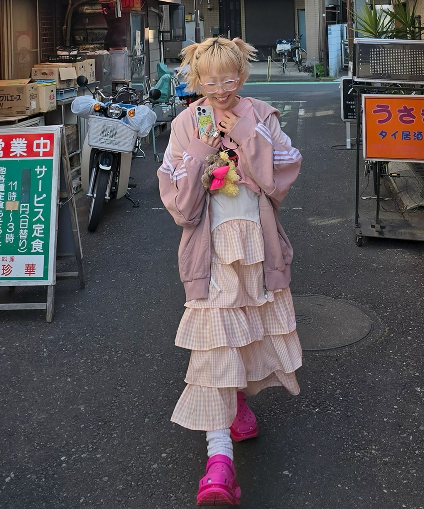 ティアードギンガムボリュームスカート【ピンク】