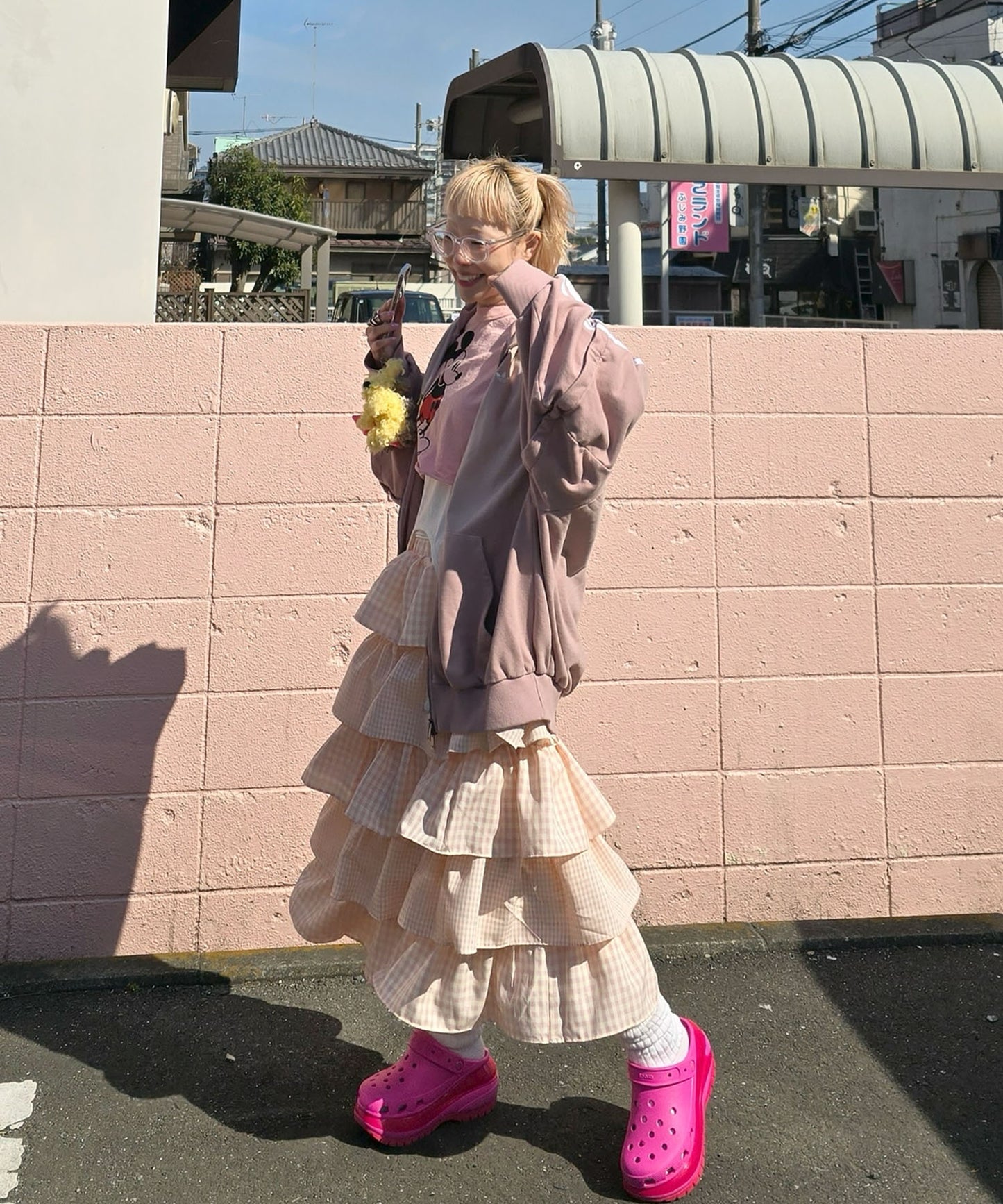 ティアードギンガムボリュームスカート【ピンク】