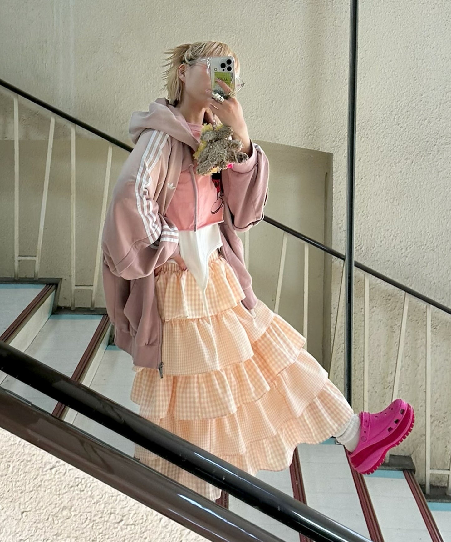 ティアードギンガムボリュームスカート【ピンク】