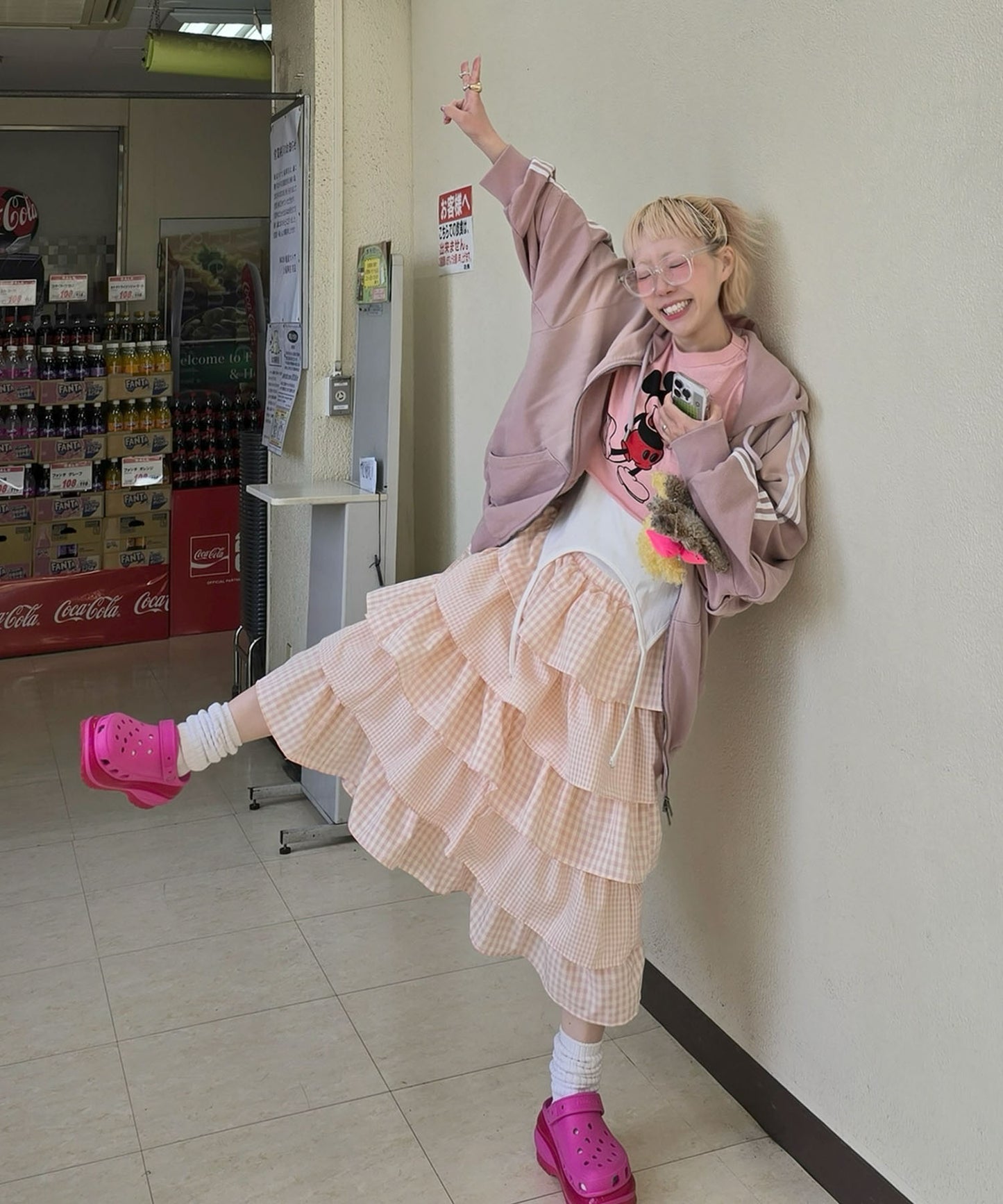 ティアードギンガムボリュームスカート【ピンク】