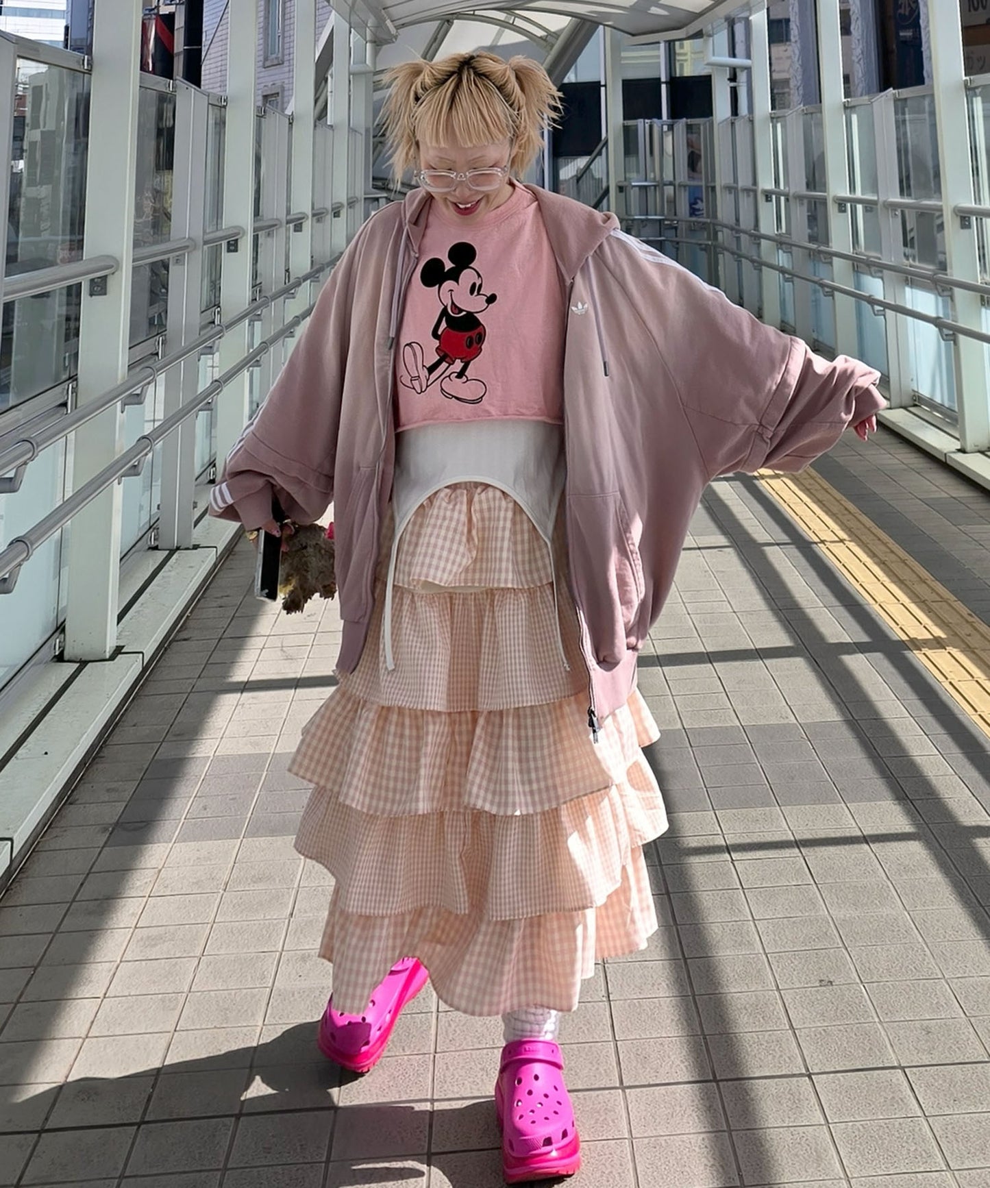 ティアードギンガムボリュームスカート【ピンク】